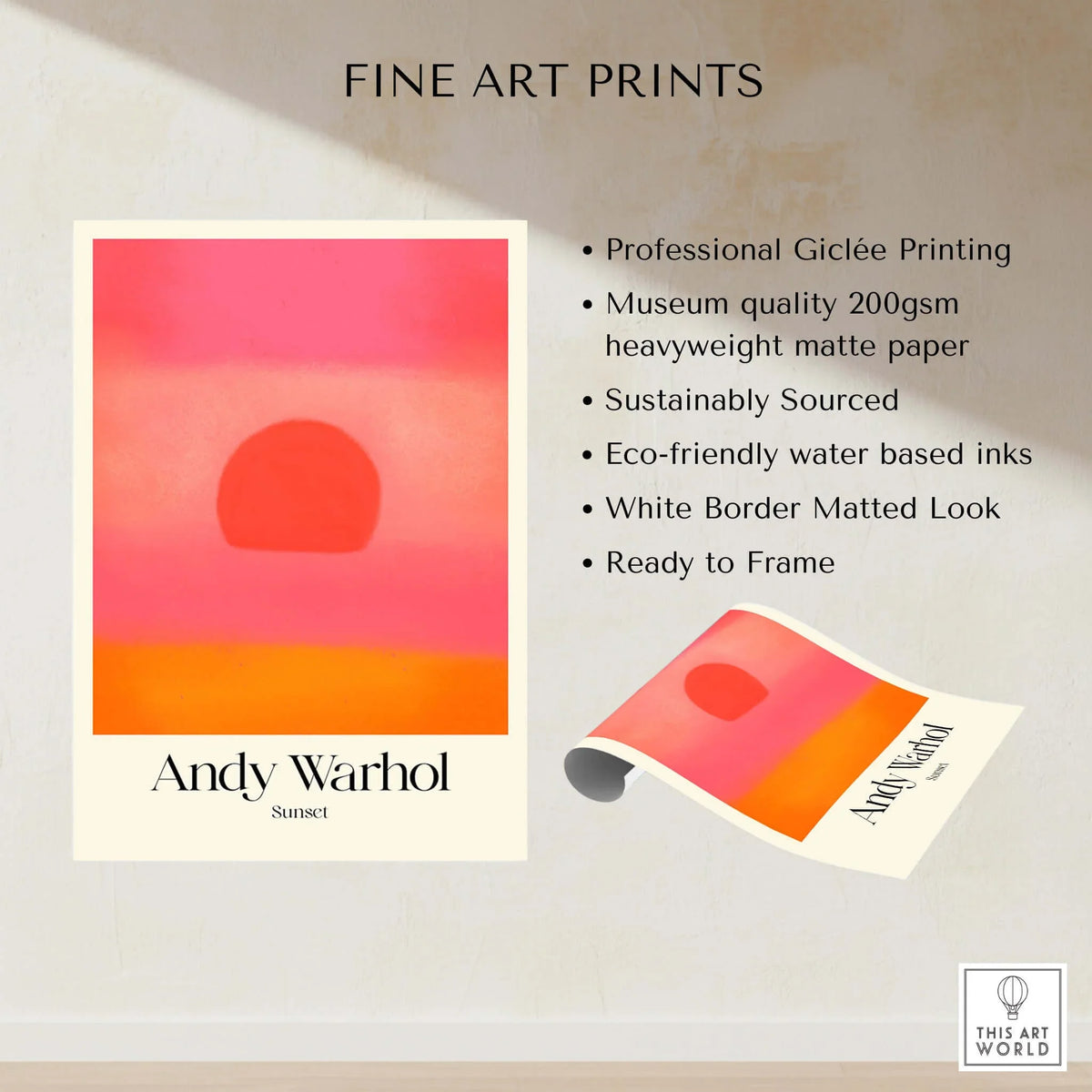 Andy Warhol Sunset Pink Orange Pop Art Print Modern Abstract Poster Wall Art showcasing vibrant colors and professional printing details.