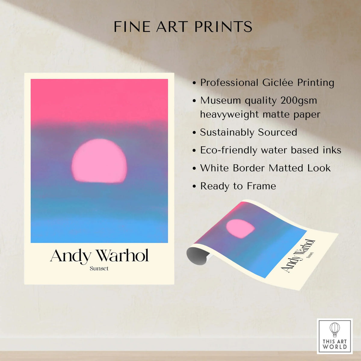 Andy Warhol Sunset Pink Blue Pop Art Poster Abstract Screenprint Wall Art Print displayed with product details.