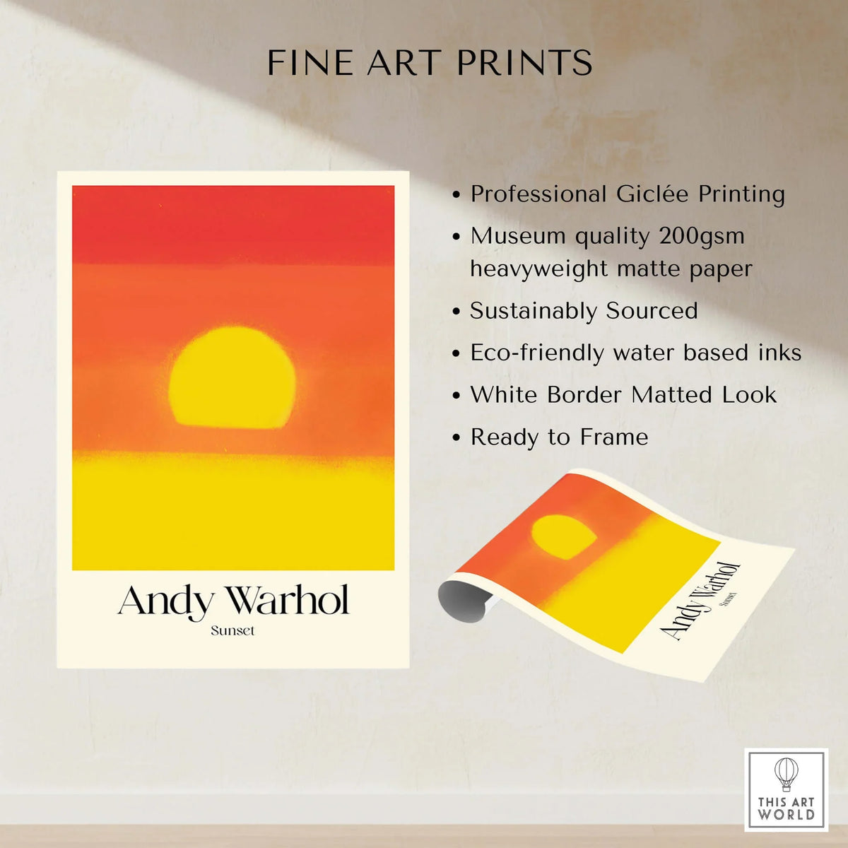 Andy Warhol Sunset Red Yellow Pop Art Abstract Print Modern Landscape Poster featuring vibrant sunset colors and professional presentation.