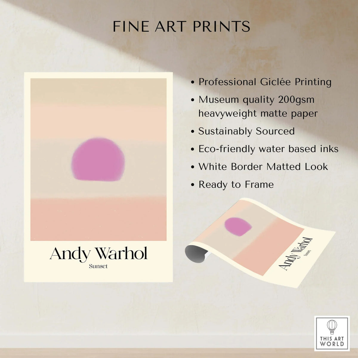 Andy Warhol Sunset Pastel Pink Purple Pop Art Print Subtle Abstract Poster Wall Art displayed with printing details.