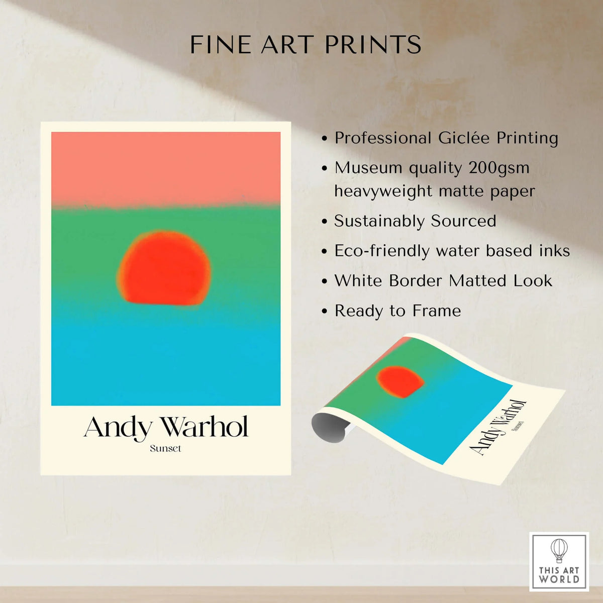 Andy Warhol Sunset Coral Green Blue Pop Art Poster Abstract Wall Art Print Modern showcasing vibrant colors and unique design.