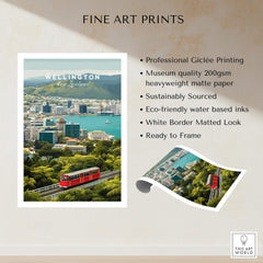 Wellington New Zealand Wall Art Print | Travel Poster featuring vibrant cityscape and red tram.