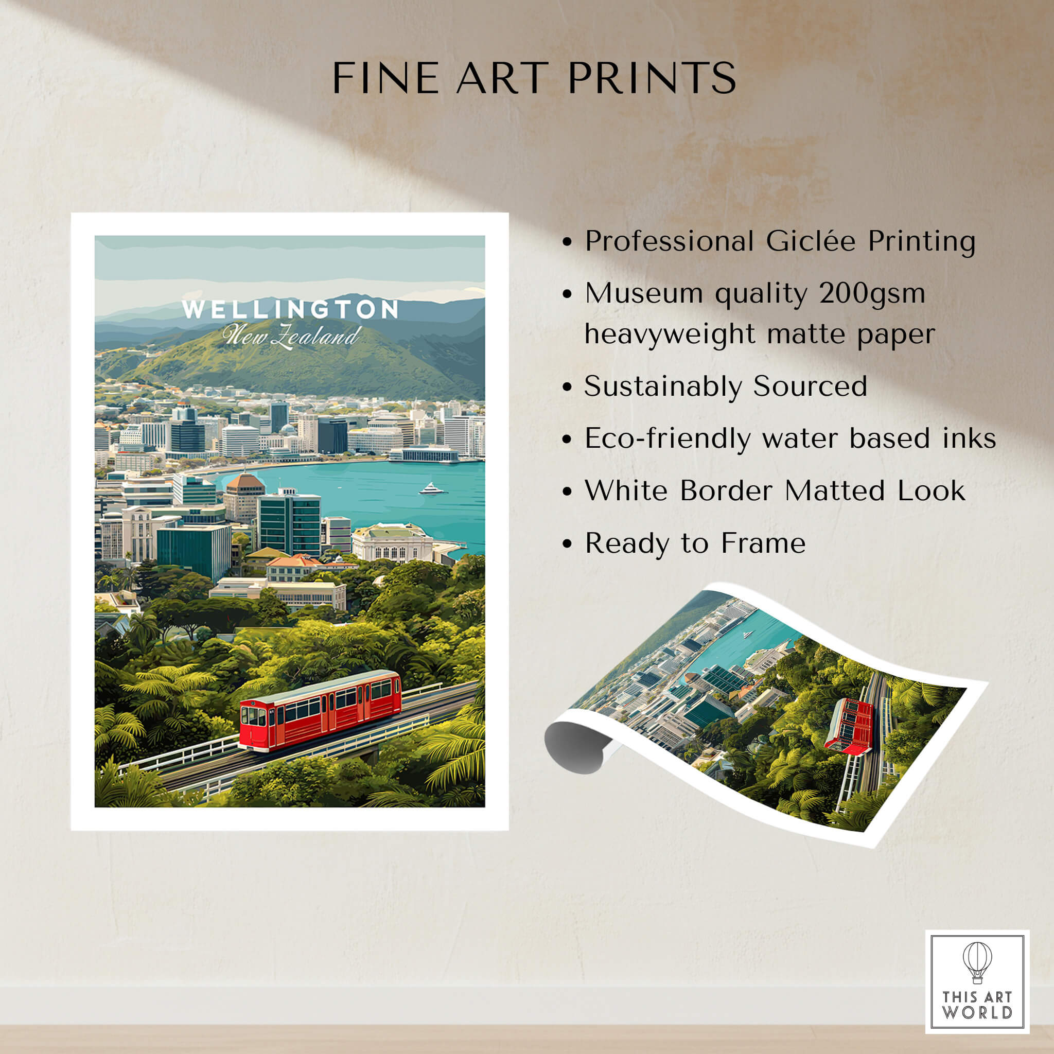 Wellington New Zealand Wall Art Print | Travel Poster featuring vibrant cityscape and red tram.