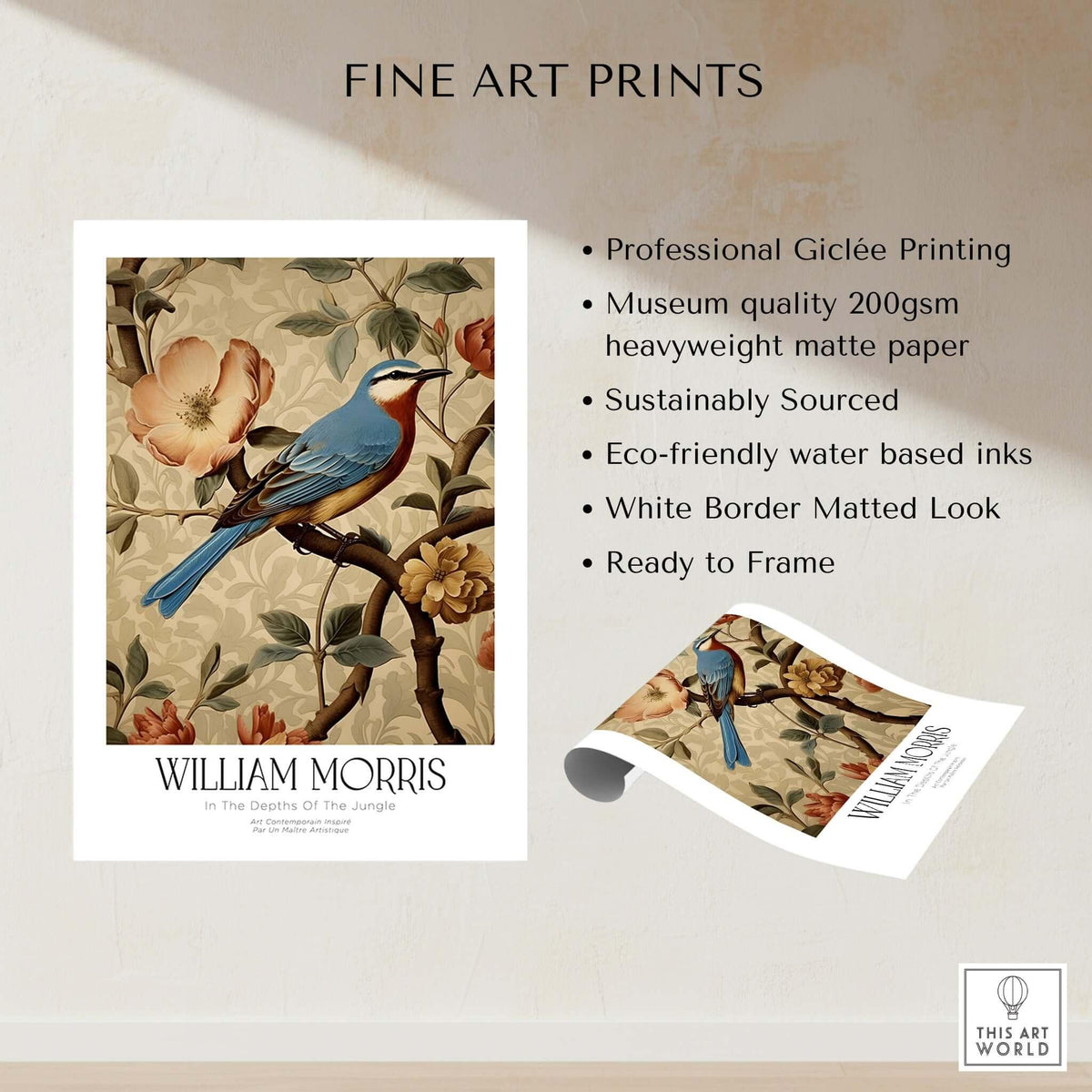 William Morris Prints - Blue Bird Floral Art Print - Botanical Poster displayed with features and details.