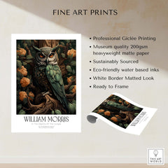 William Morris Prints - Wise Owl Botanical Art Print - Floral Tree Poster showcasing a detailed owl and floral elements.