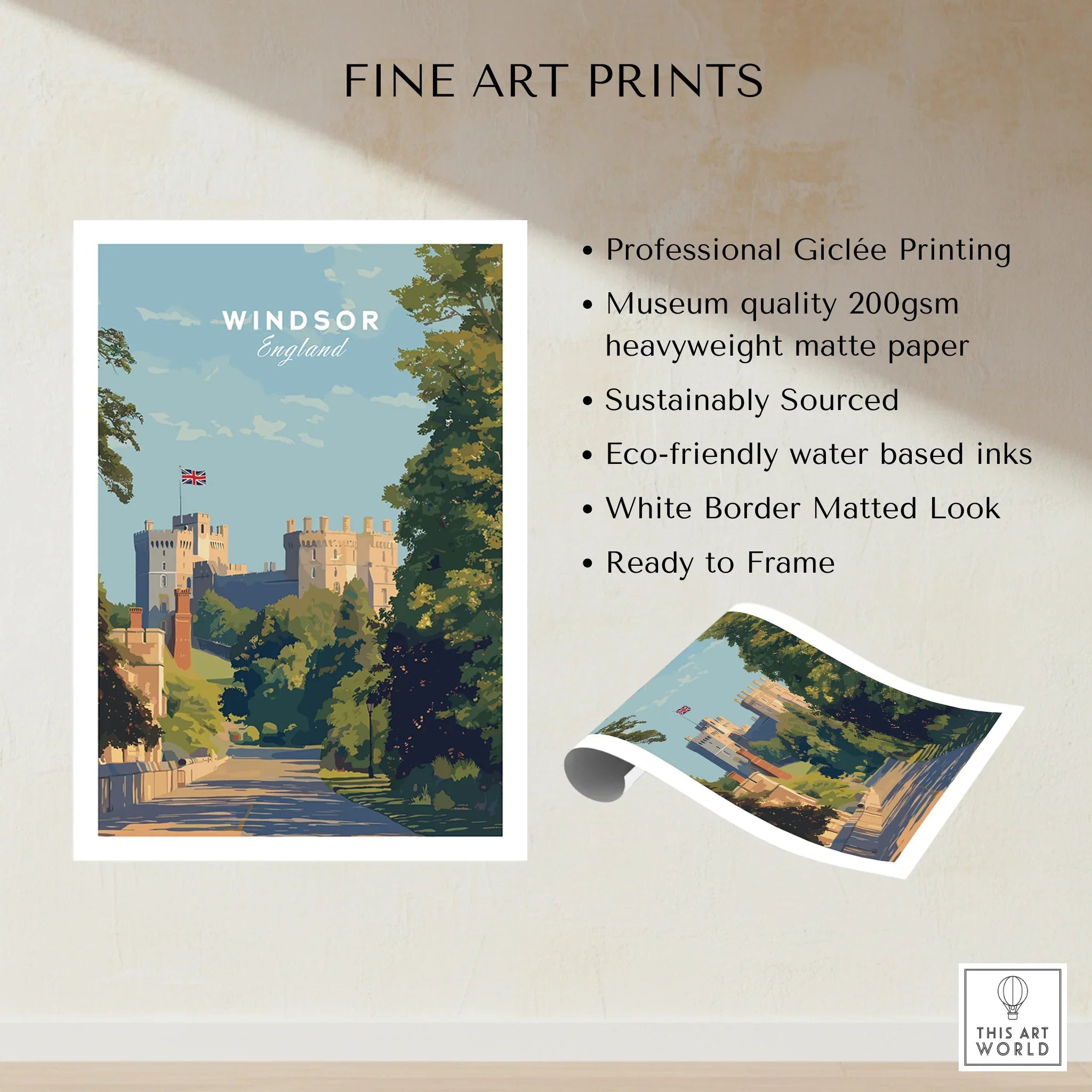 Windsor England fine art print, unframed wall art poster with castle and trees, museum-quality matte paper