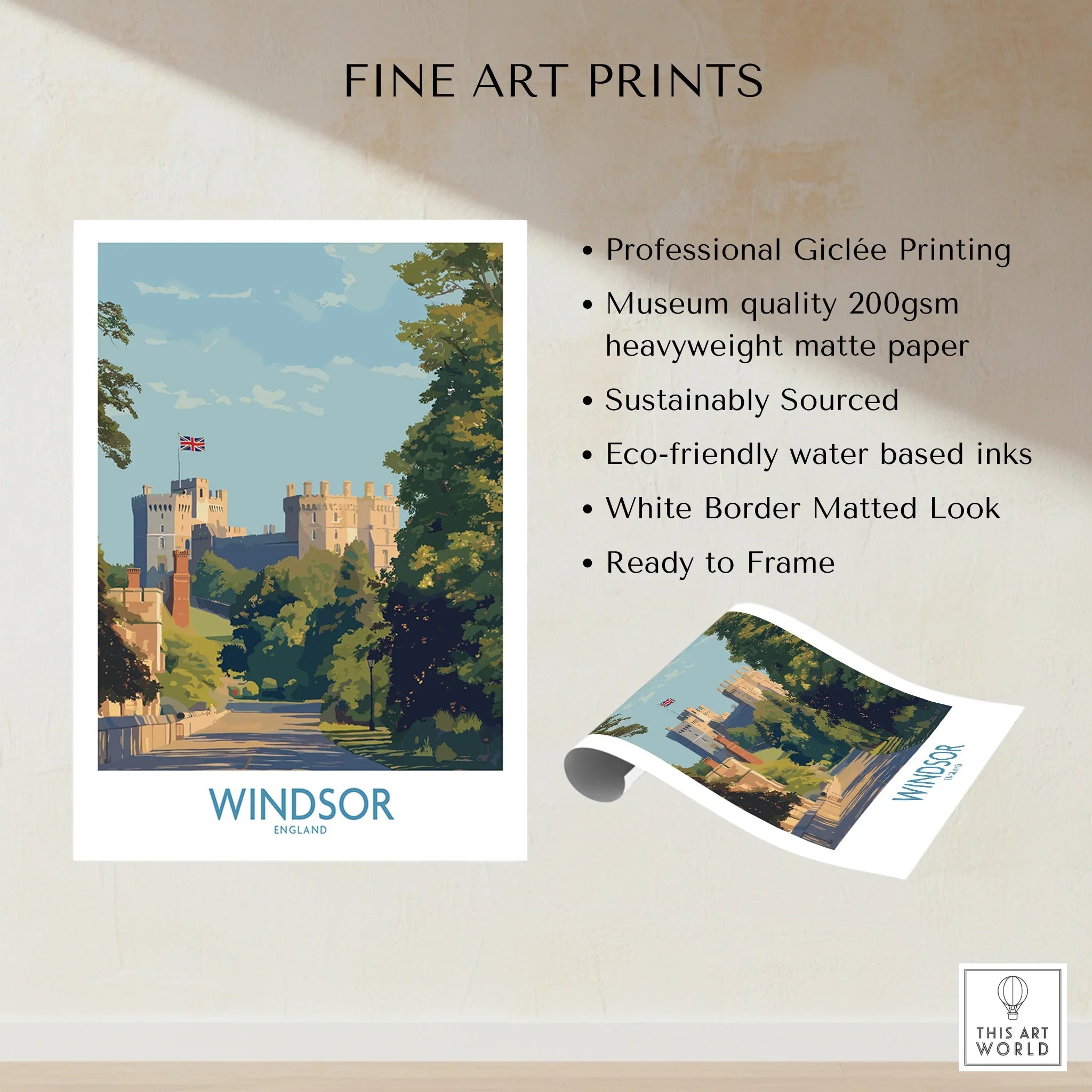 Windsor Castle fine art print with white border, unframed, giclée travel poster wall art.