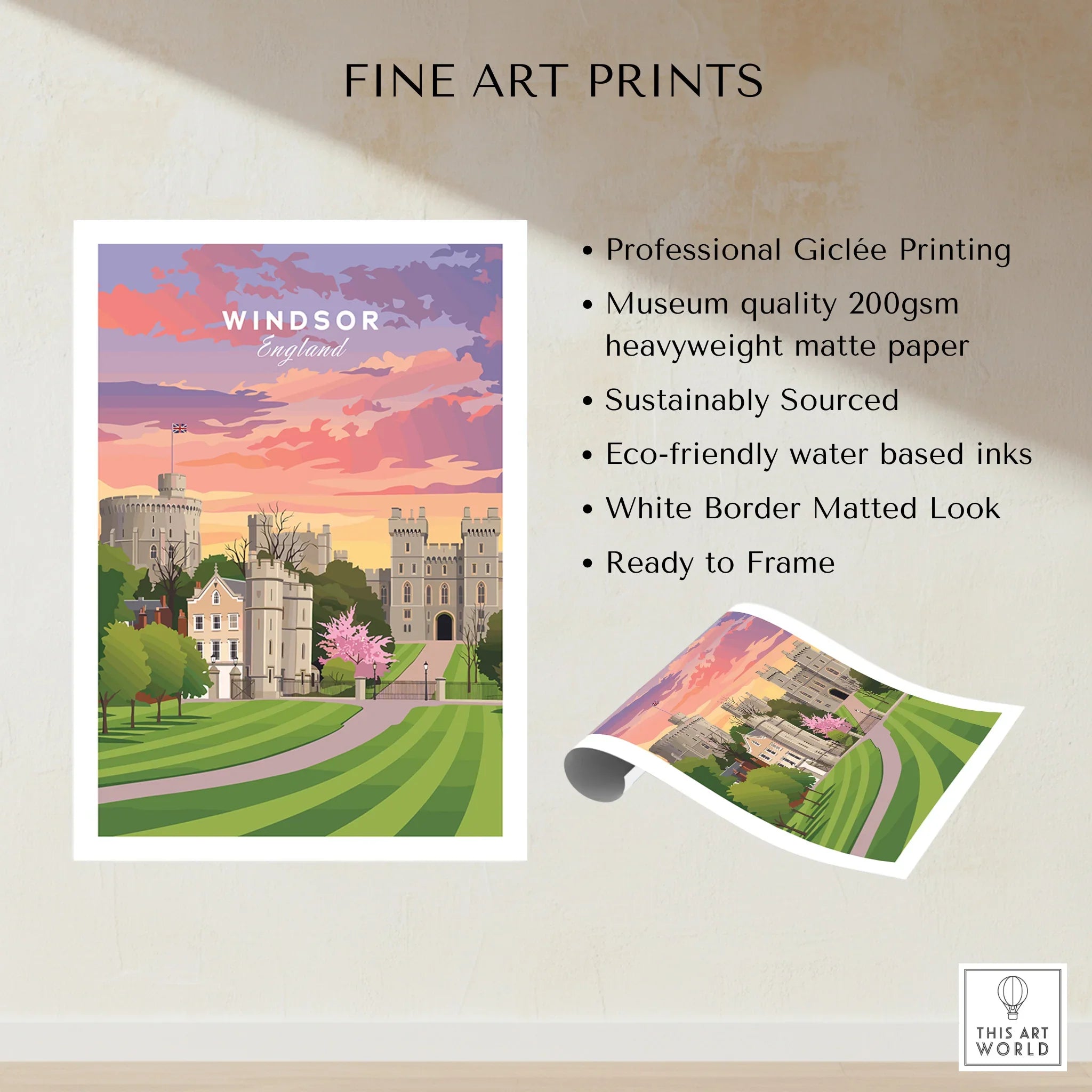 Windsor England fine art print showing castle, gardens, and sunset, unframed wall art