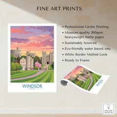 Windsor England wall art print with castle illustration, sunset sky, and green lawns.