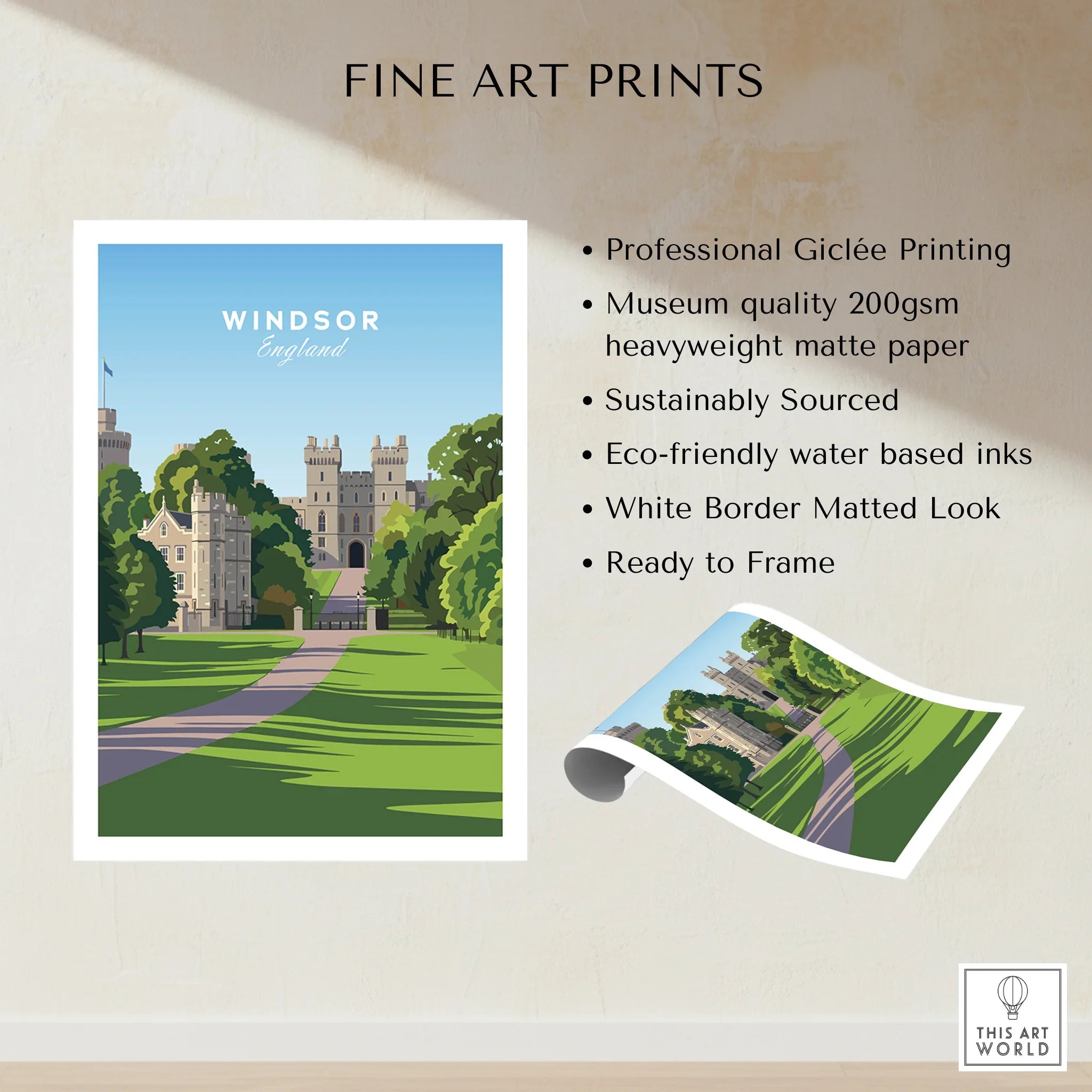 Windsor England fine art print showing castle, greenery, and path on heavyweight matte paper