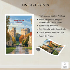 Windsor England travel poster fine art print with castle, autumn trees, and matted border.