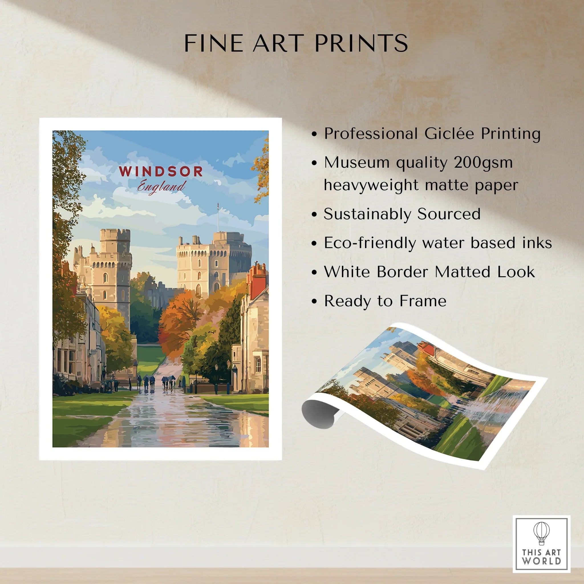 Windsor England travel poster fine art print with castle, autumn trees, and matted border.