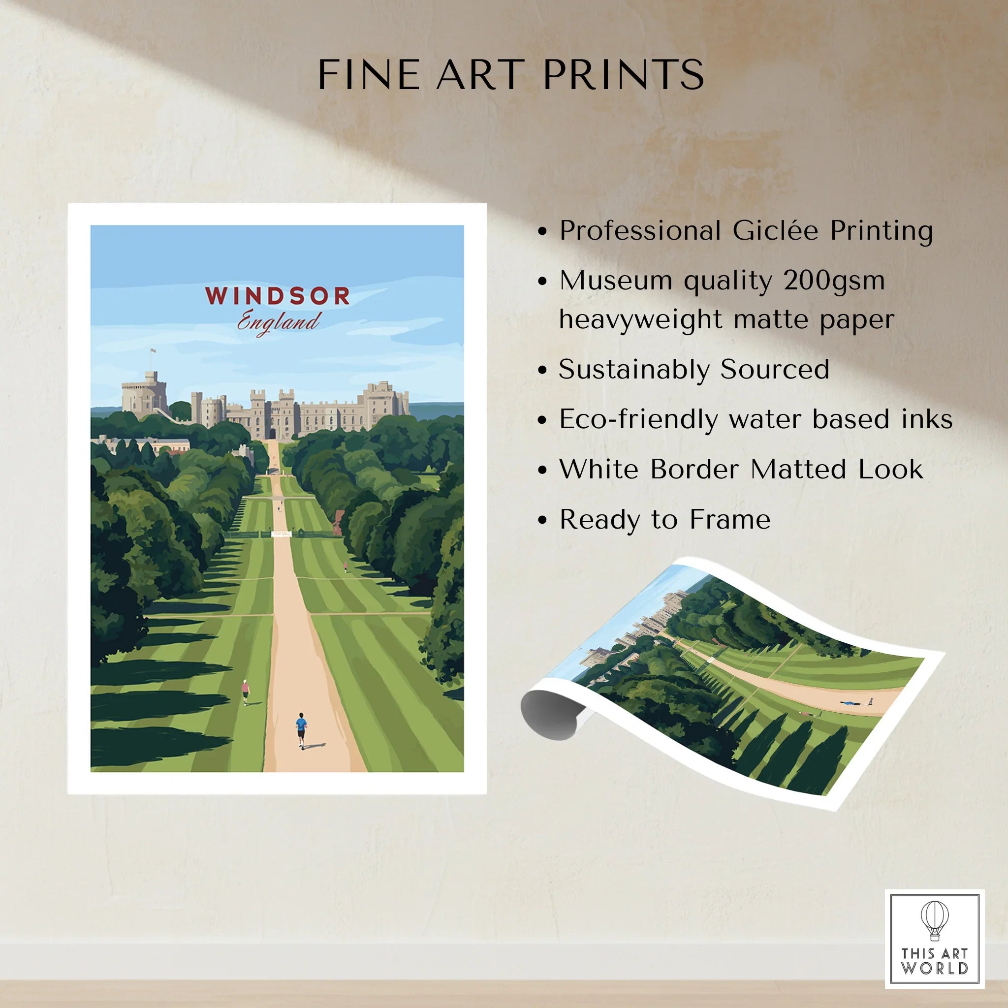 Windsor Castle art print with tree-lined path, matte finish, unframed, wall decor