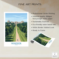 Windsor Castle travel poster print with tree-lined avenue, unframed fine art wall decor.