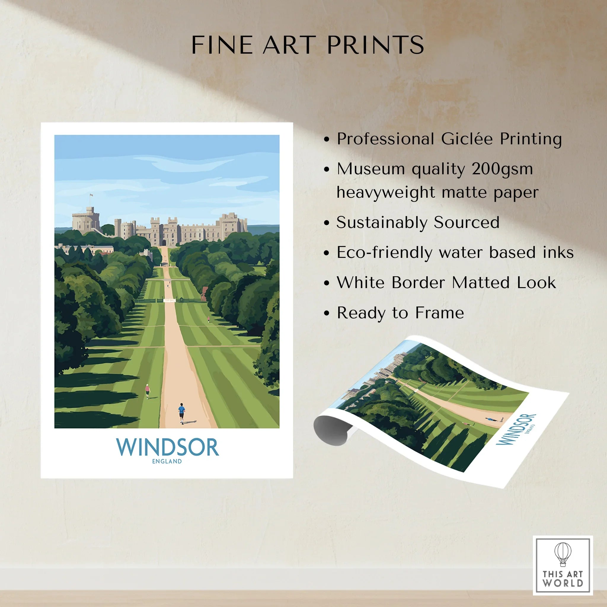 Windsor Castle travel poster print with tree-lined avenue, unframed fine art wall decor.