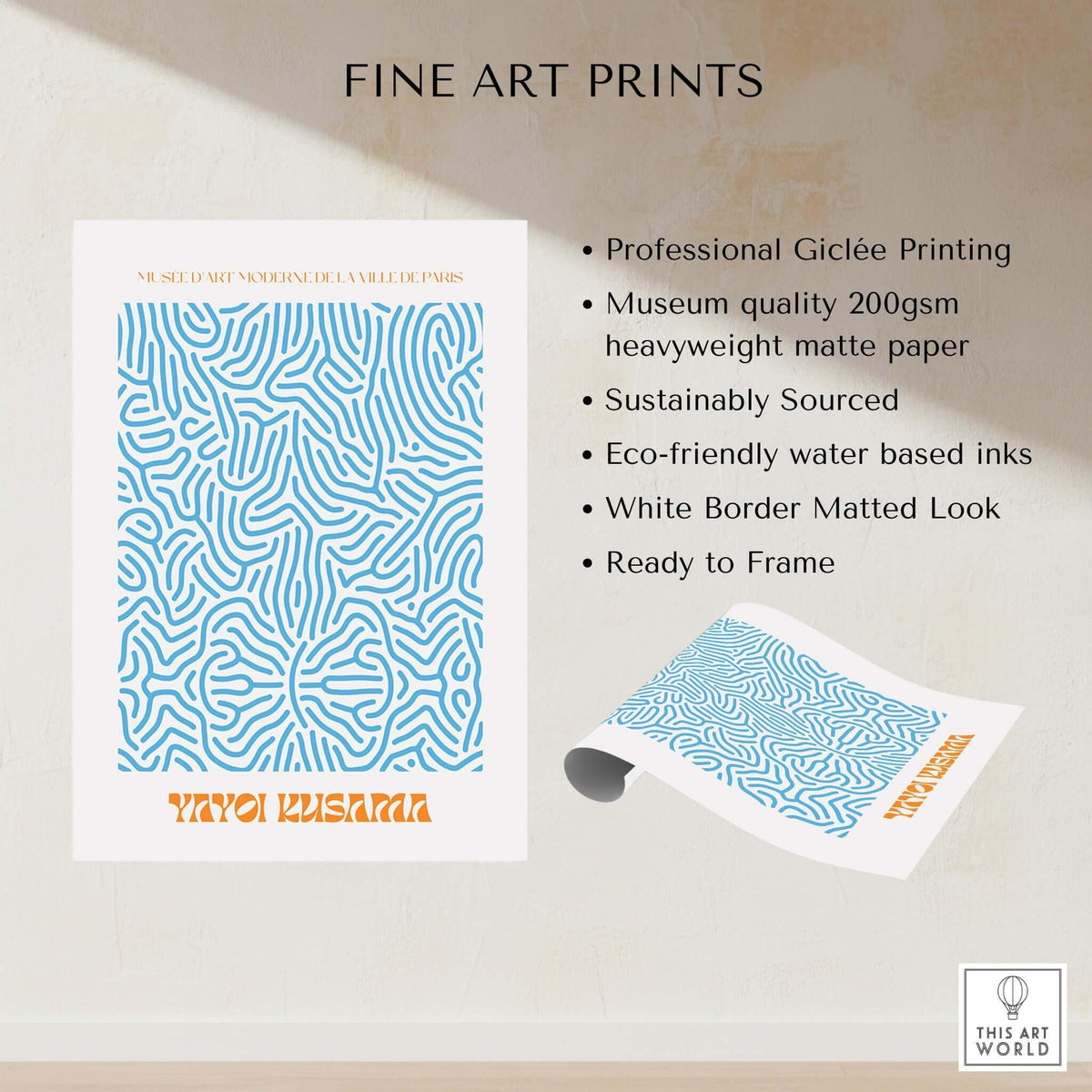 Yayoi Kusama Blue Infinity Net Pattern Abstract Art Print Paris Exhibition Poster showcasing vibrant blue design on matte paper.
