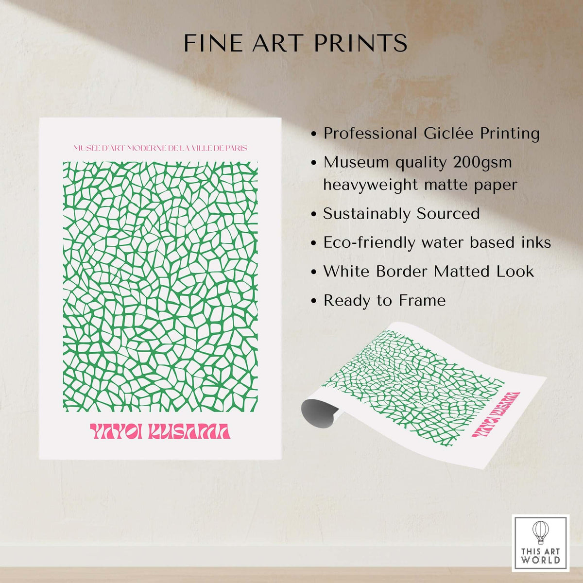Yayoi Kusama Green Net Pattern Abstract Contemporary Art Print Paris Poster Decor showcasing fine art print details.