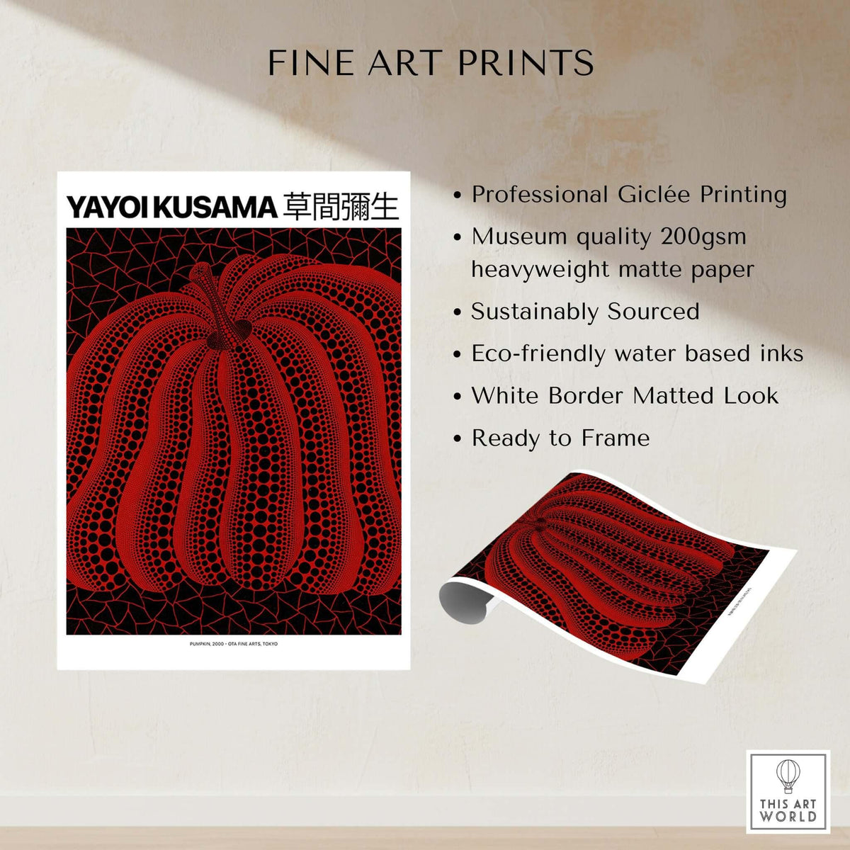 Yayoi Kusama Red Black Pumpkin 2000 Tokyo Exhibition Poster Polka Dot Art Print showcasing professional Giclée printing.