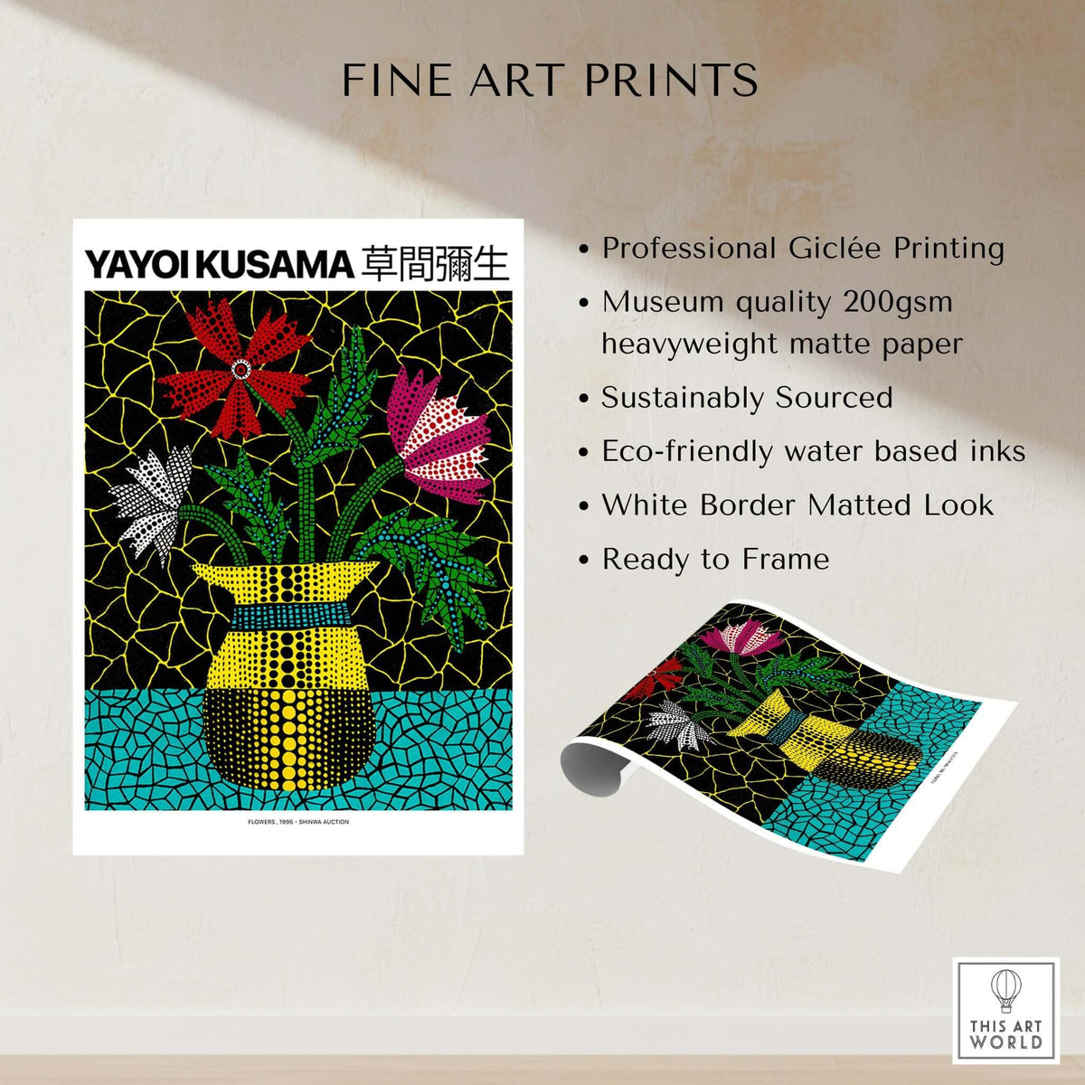 Yayoi Kusama Flowers Vase 1996 Polka Dot Art Print Contemporary Japanese Poster displayed on fine art print background.
