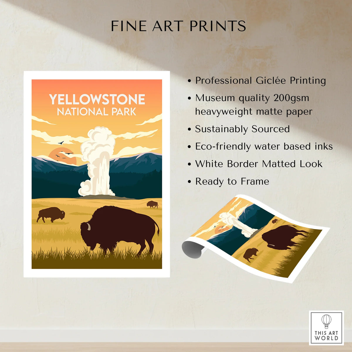 Yellowstone National Park fine art print with bison, geyser, and mountain landscape