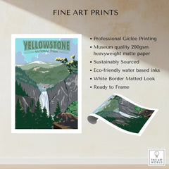 Yellowstone National Park art print featuring a scenic waterfall and forest landscape.