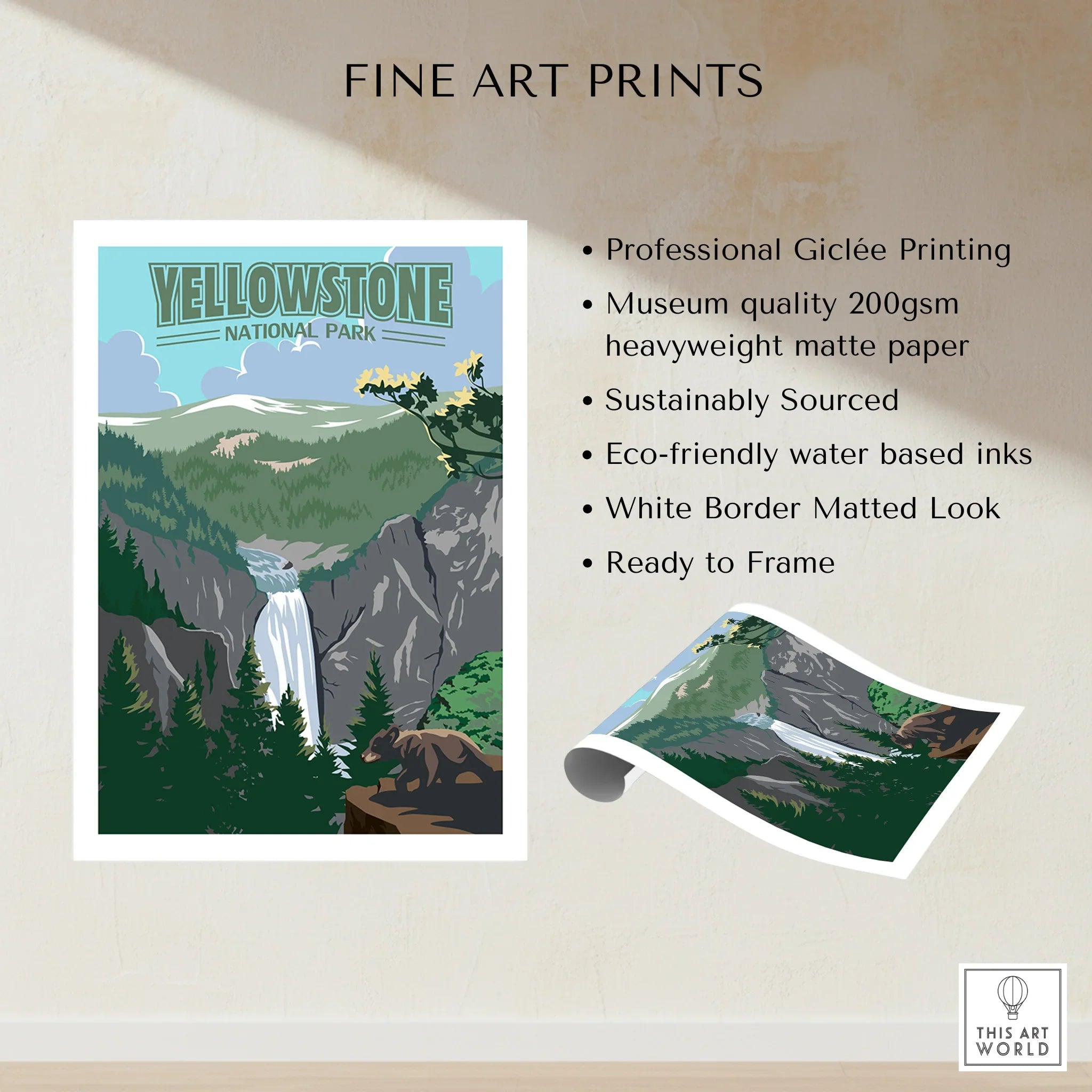 Yellowstone National Park art print featuring a scenic waterfall and forest landscape.