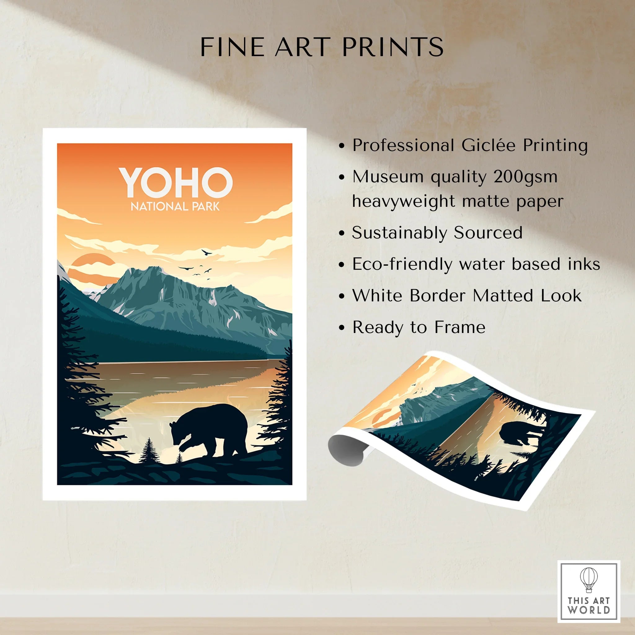 Yoho National Park fine art print with bear, mountain lake, and eco-friendly details