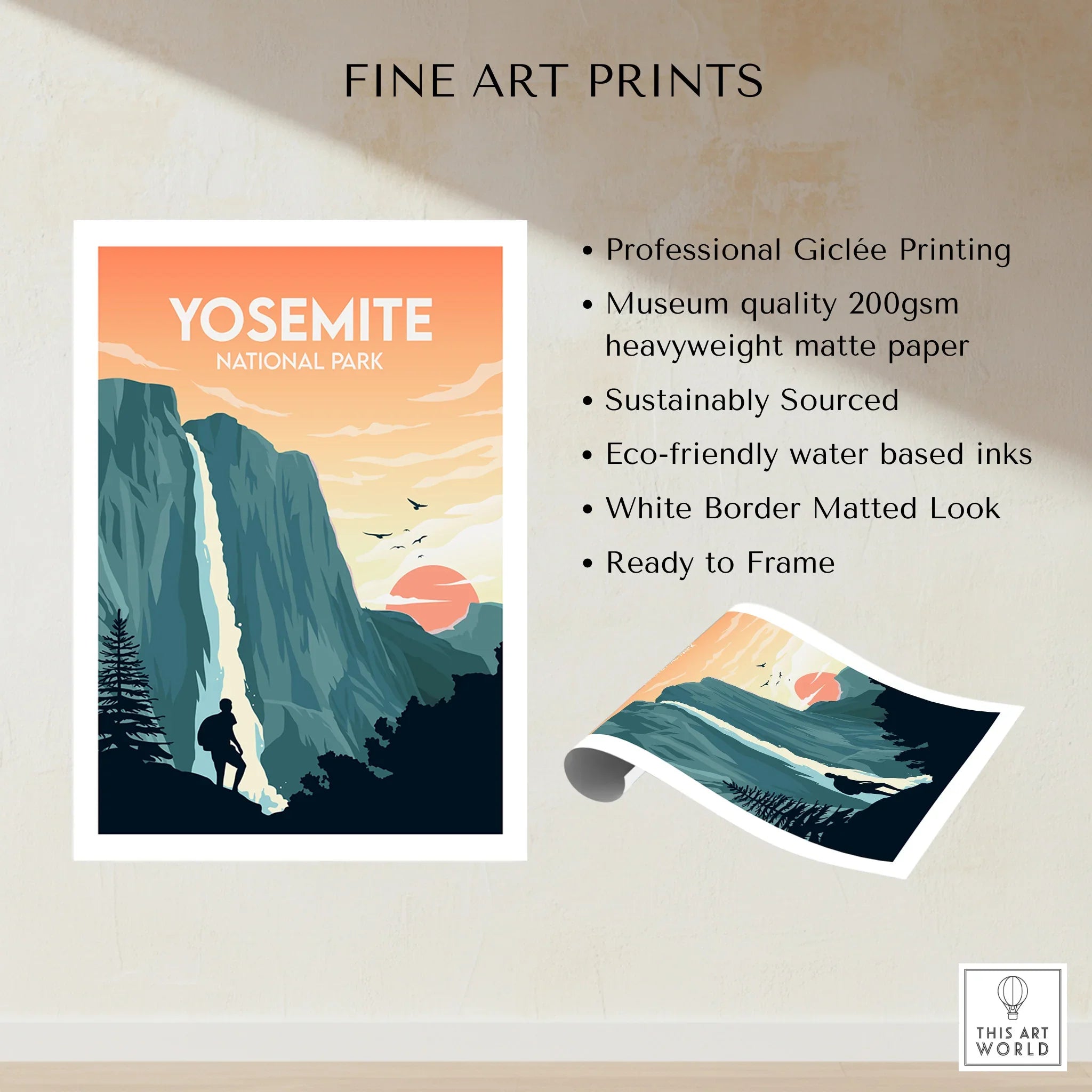 Yosemite National Park poster with sunrise landscape, hiker silhouette, and waterfall wall art