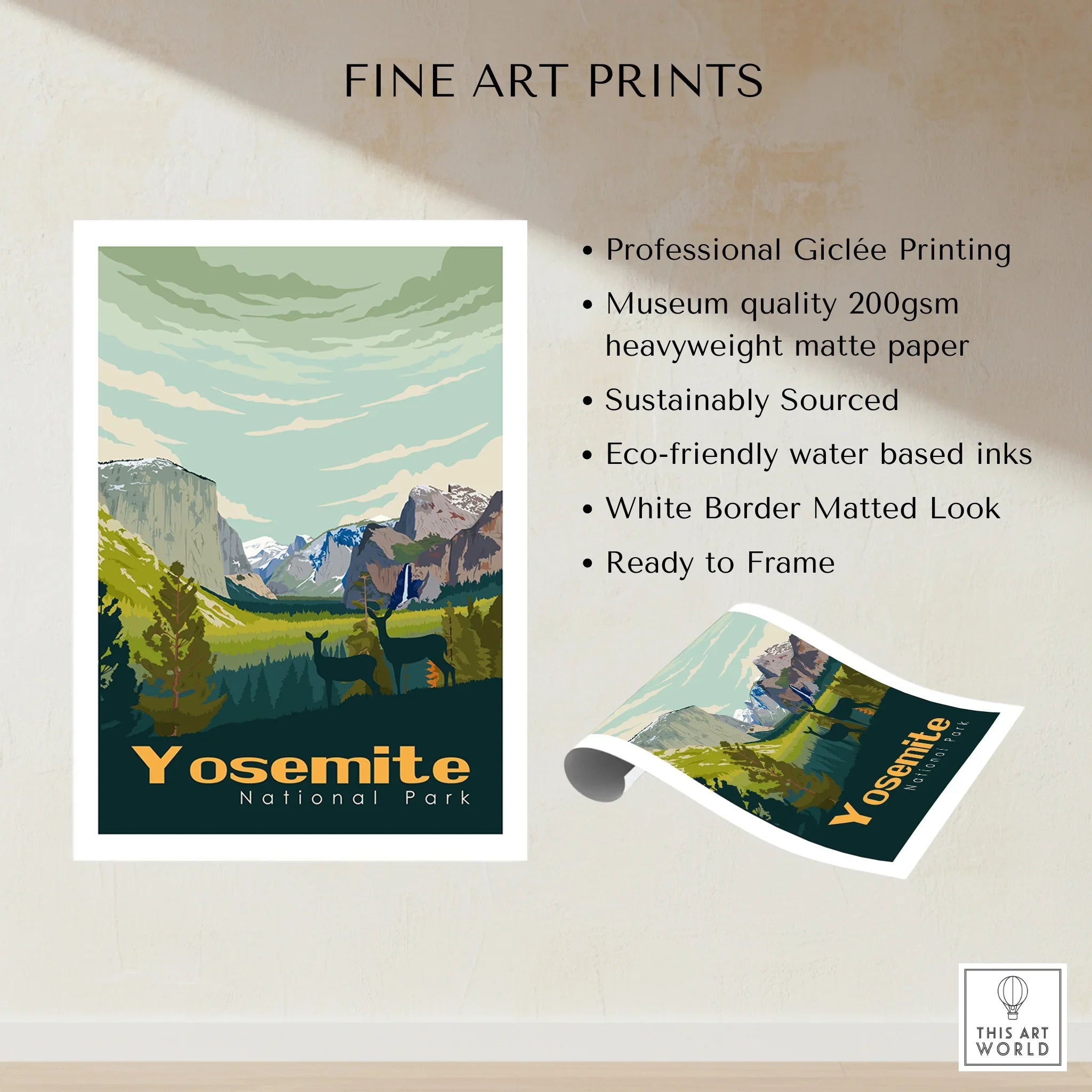 Yosemite National Park fine art print with deer, mountains, and forest, unframed poster details.