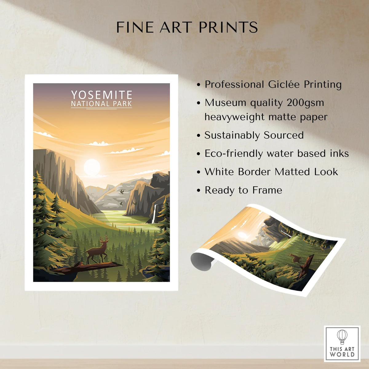 Yosemite National Park fine art print with sunset, mountains, pine trees, and deer illustration.