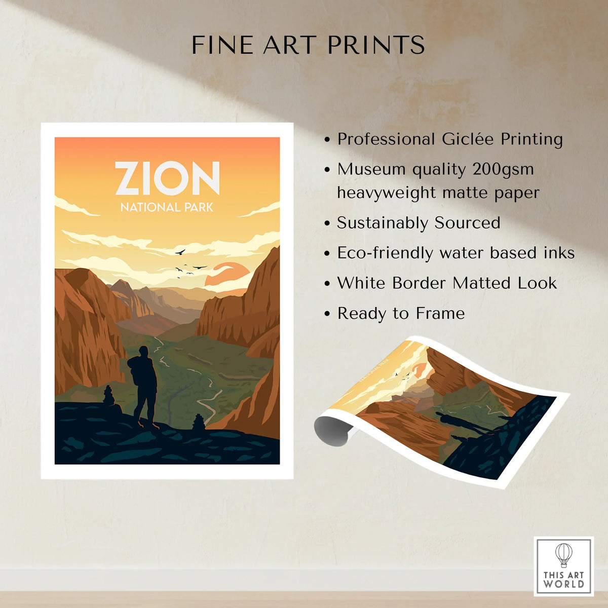 Zion National Park fine art print with hiker silhouette and sunset, museum quality poster