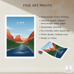 Zion National Park art print with red cliffs, river, and matte finish, unframed wall decor.