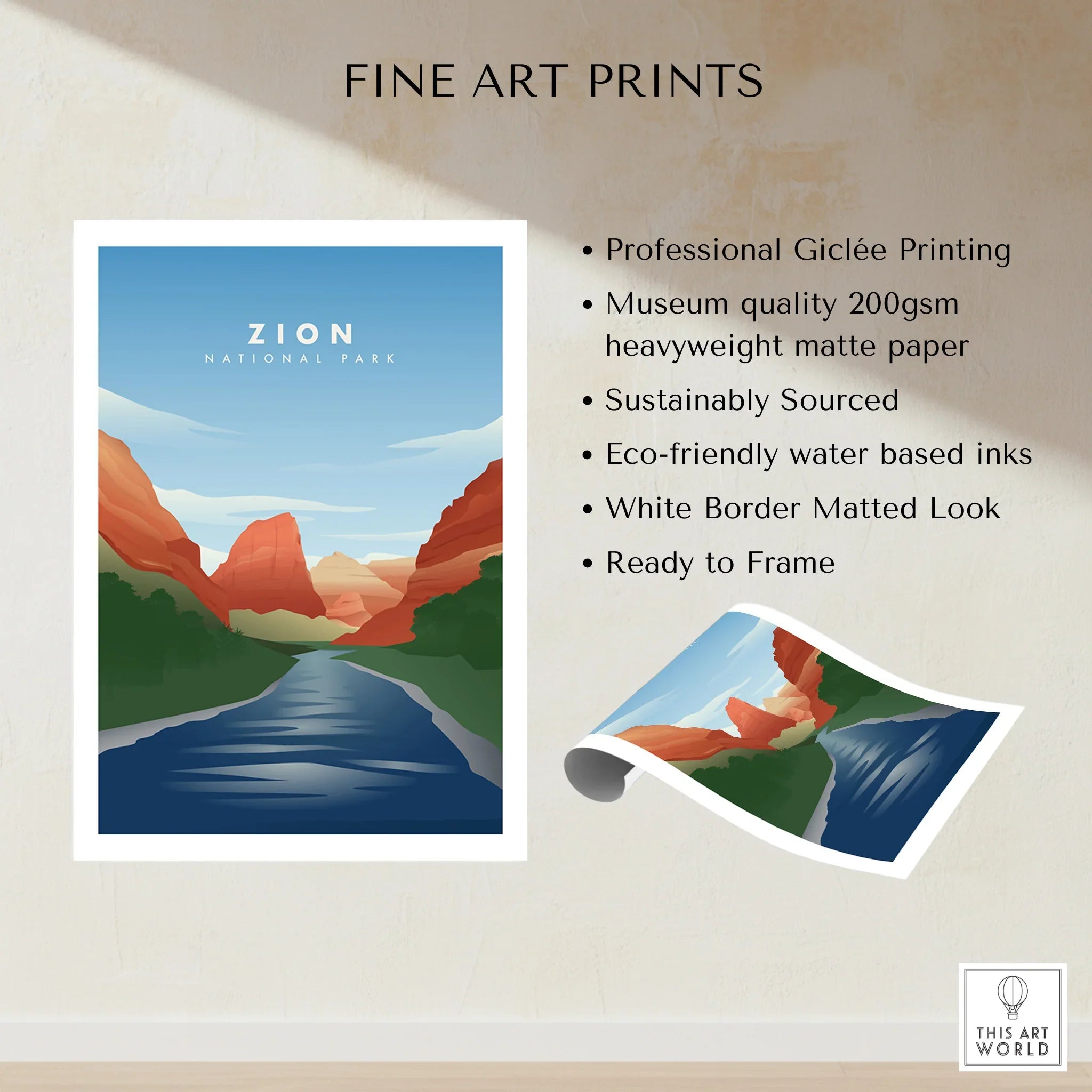 Zion National Park art print with red cliffs, river, and matte finish, unframed wall decor.