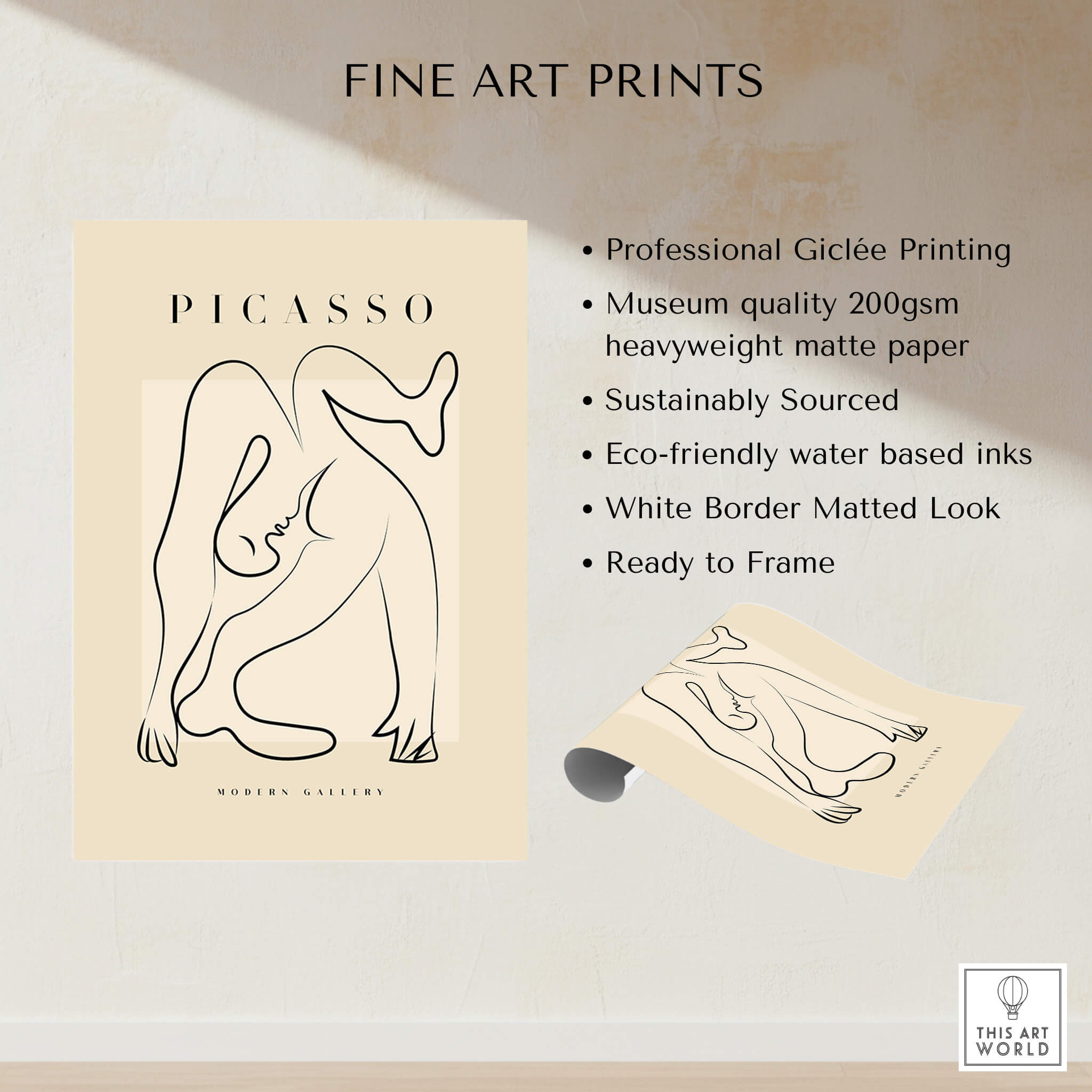 Picasso Contorted Figure Abstract Pose Line Art Modern Gallery Poster Wall Art displayed with printing details on fine art prints.