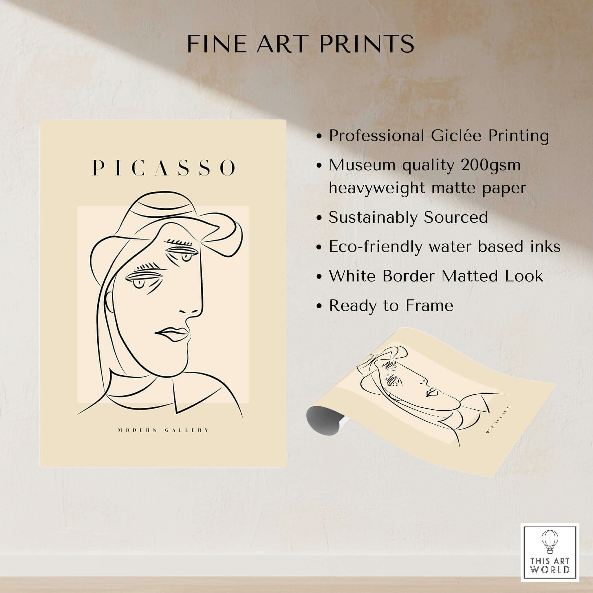 Picasso Woman Hat Profile Line Art Abstract Portrait Modern Gallery Wall Art Print on beige background showcasing minimalist features.