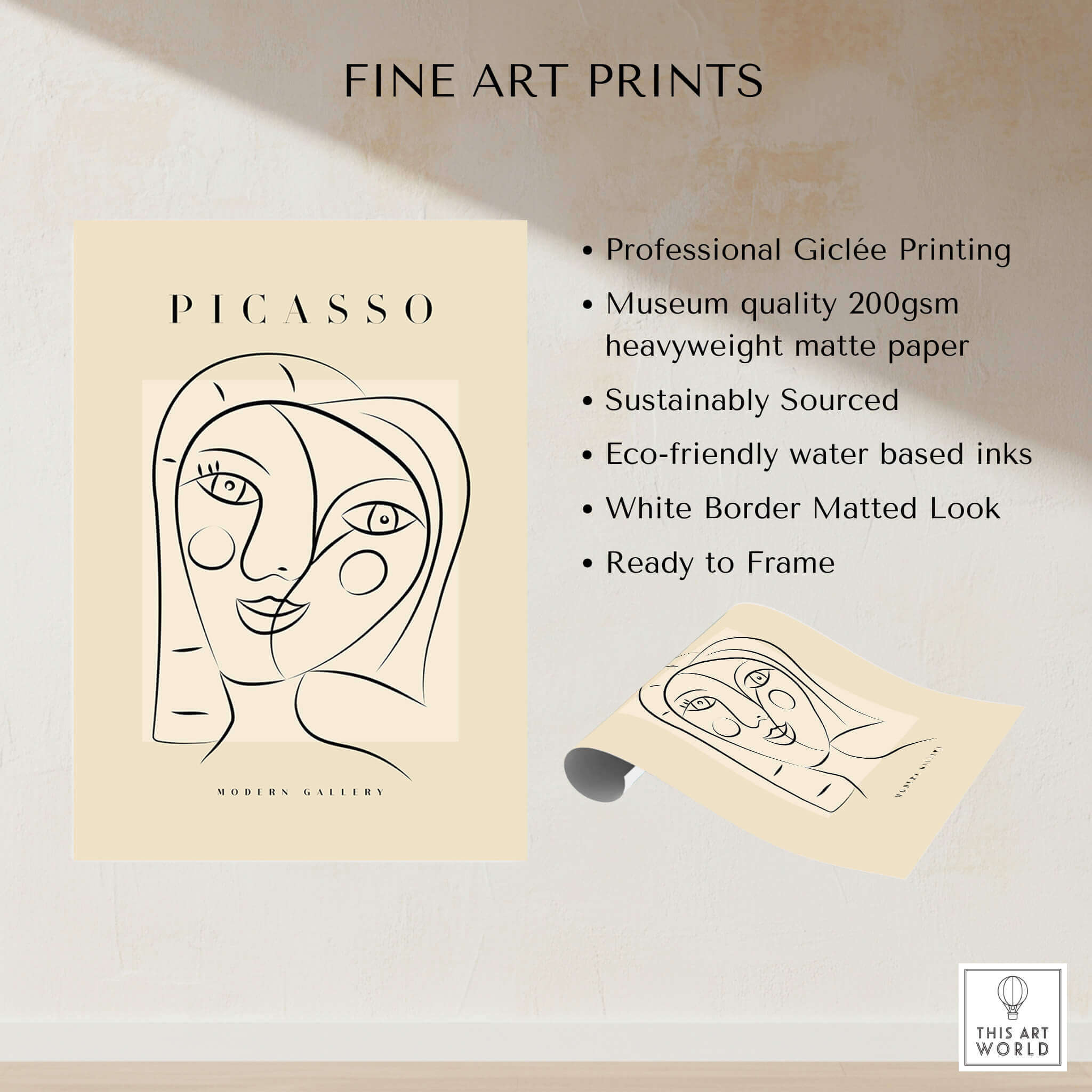Picasso Smiling Double Face Abstract Portrait Line Art Modern Gallery Poster Print showcasing whimsical line art on beige.