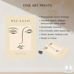 Picasso Minimalist Face Outline Line Art Simple Abstract Poster Modern Gallery Print display with printing details and features.