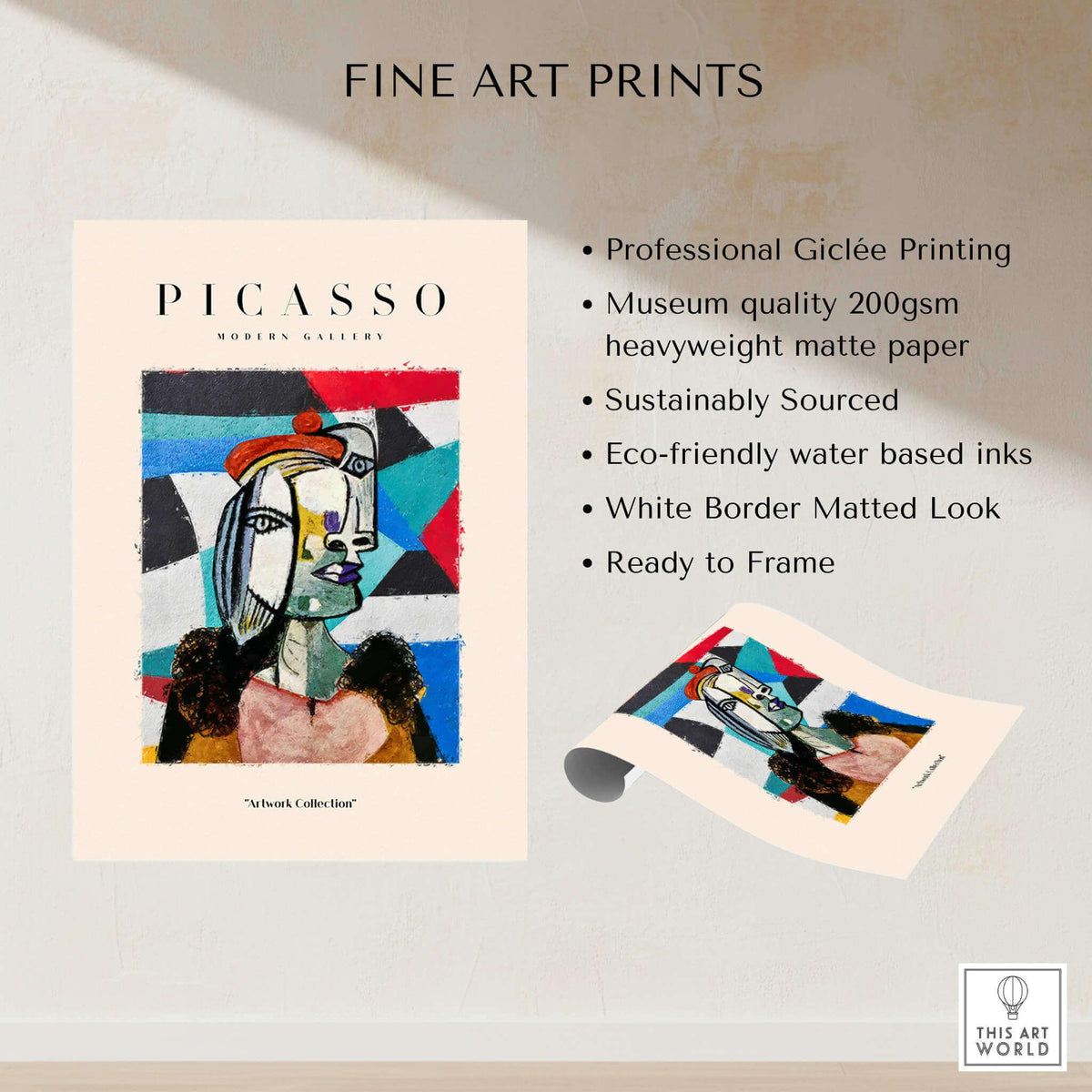 Picasso Woman Beret Abstract Portrait Art Print Colorful Cubist Poster Artwork Collection displayed with fine art print details.