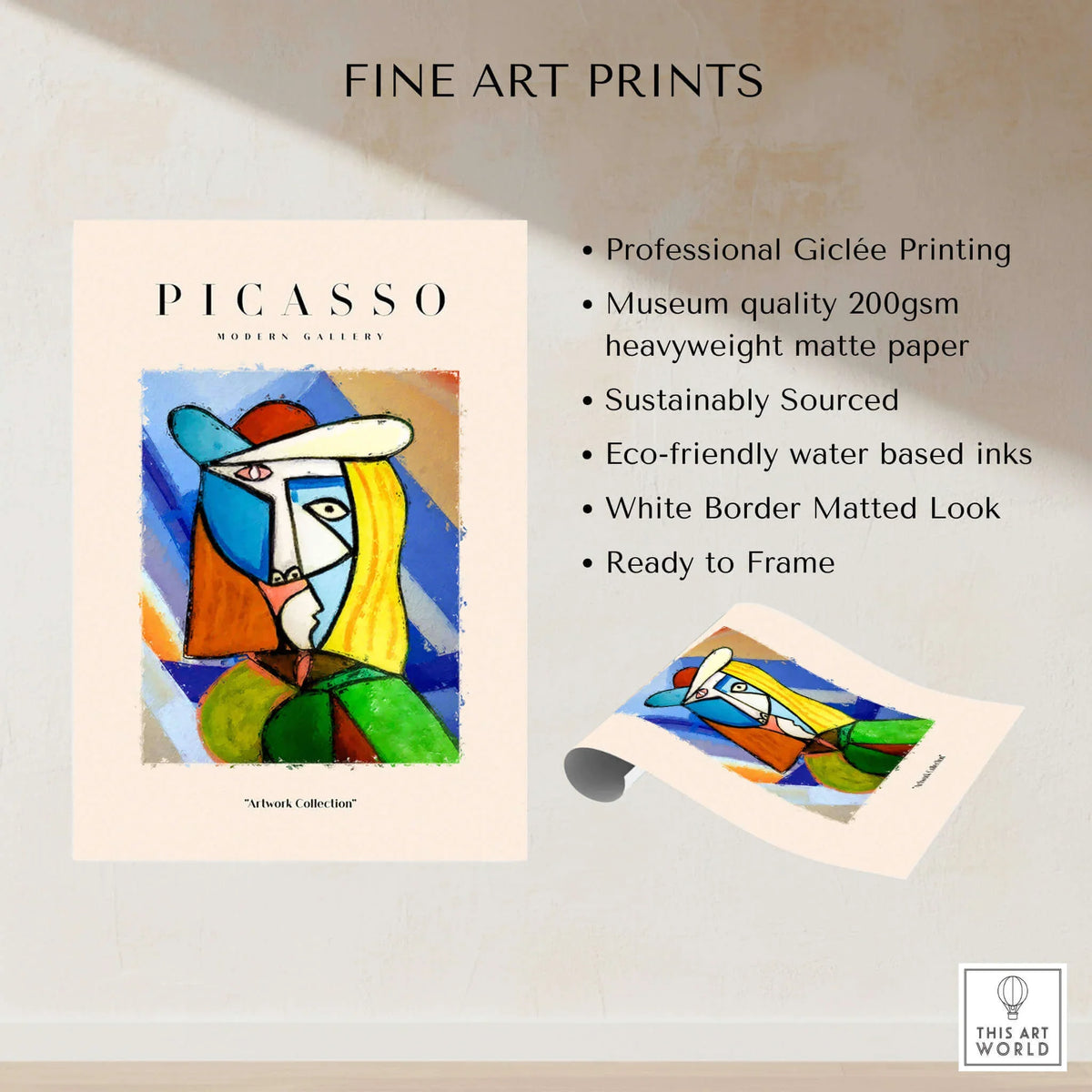 Picasso Woman Hat Abstract Portrait Print Colorful Cubist Poster Artwork Collection on display with fine art features.