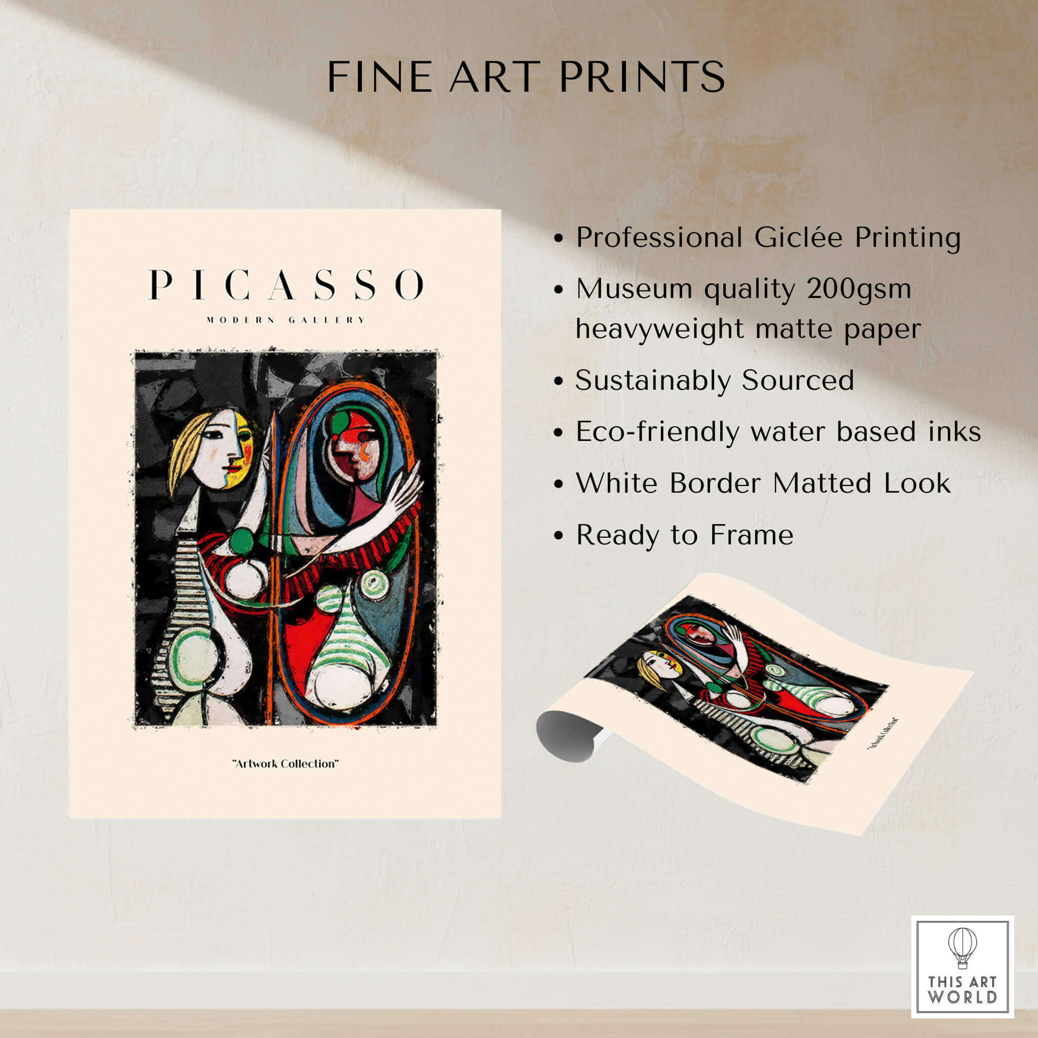 Picasso Girl Before Mirror Inspired Art Print Abstract Reflection Poster Artwork Collection showcasing vibrant colors and abstract forms.