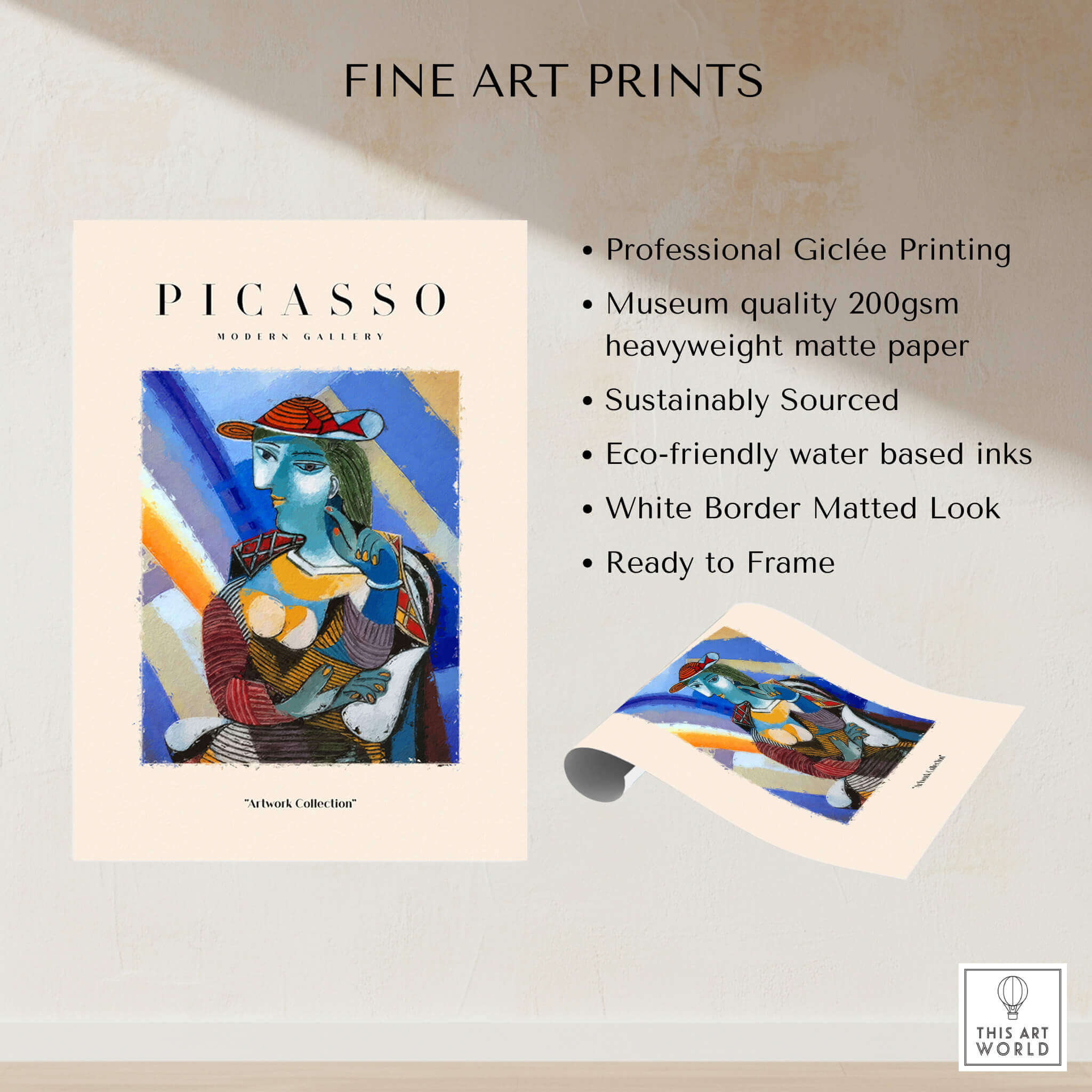 Picasso Woman Red Hat Blue Face Portrait Print Colorful Cubist Poster Artwork Collection showcased in fine art prints.