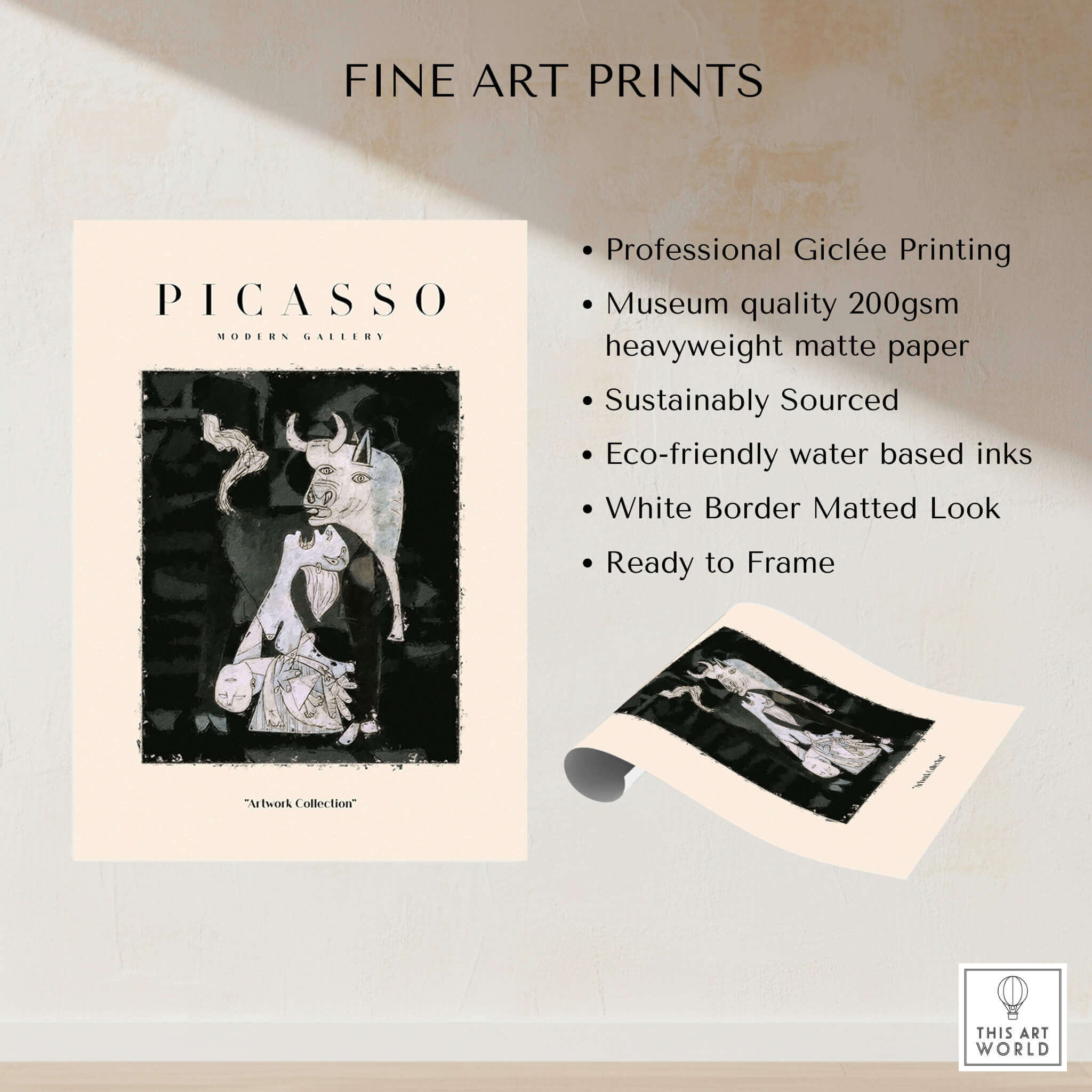 Picasso Guernica Inspired Bull Mother Figure Art Print Abstract Black White Poster Collection on display with printing details.