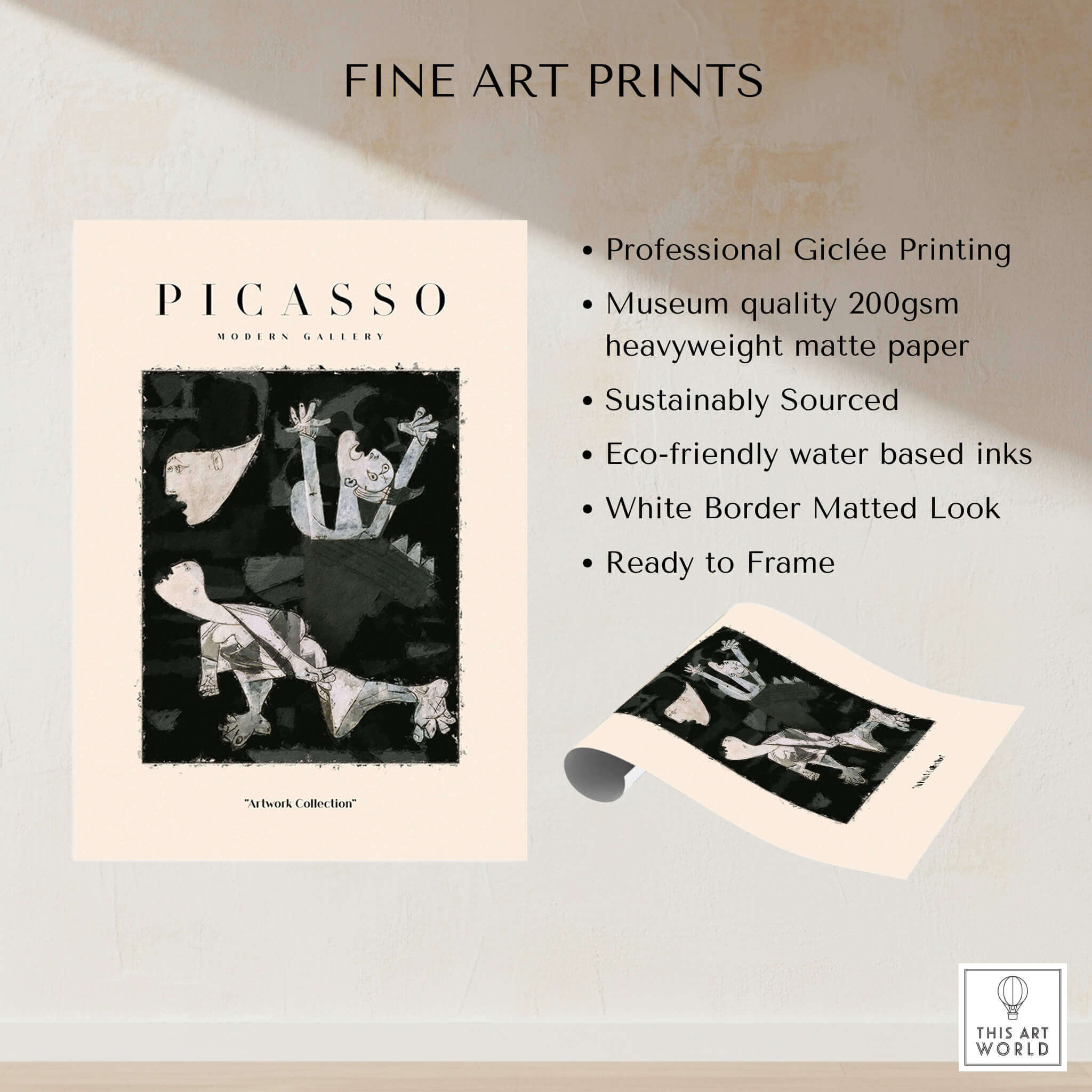 Picasso Guernica Inspired Falling Figures Art Print Abstract Black White Poster Collection showcased with professional Giclée printing.