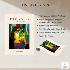Picasso Contemplative Woman Abstract Art Print Colorful Portrait Poster Artwork Collection showcasing vibrant colors and Cubist style.