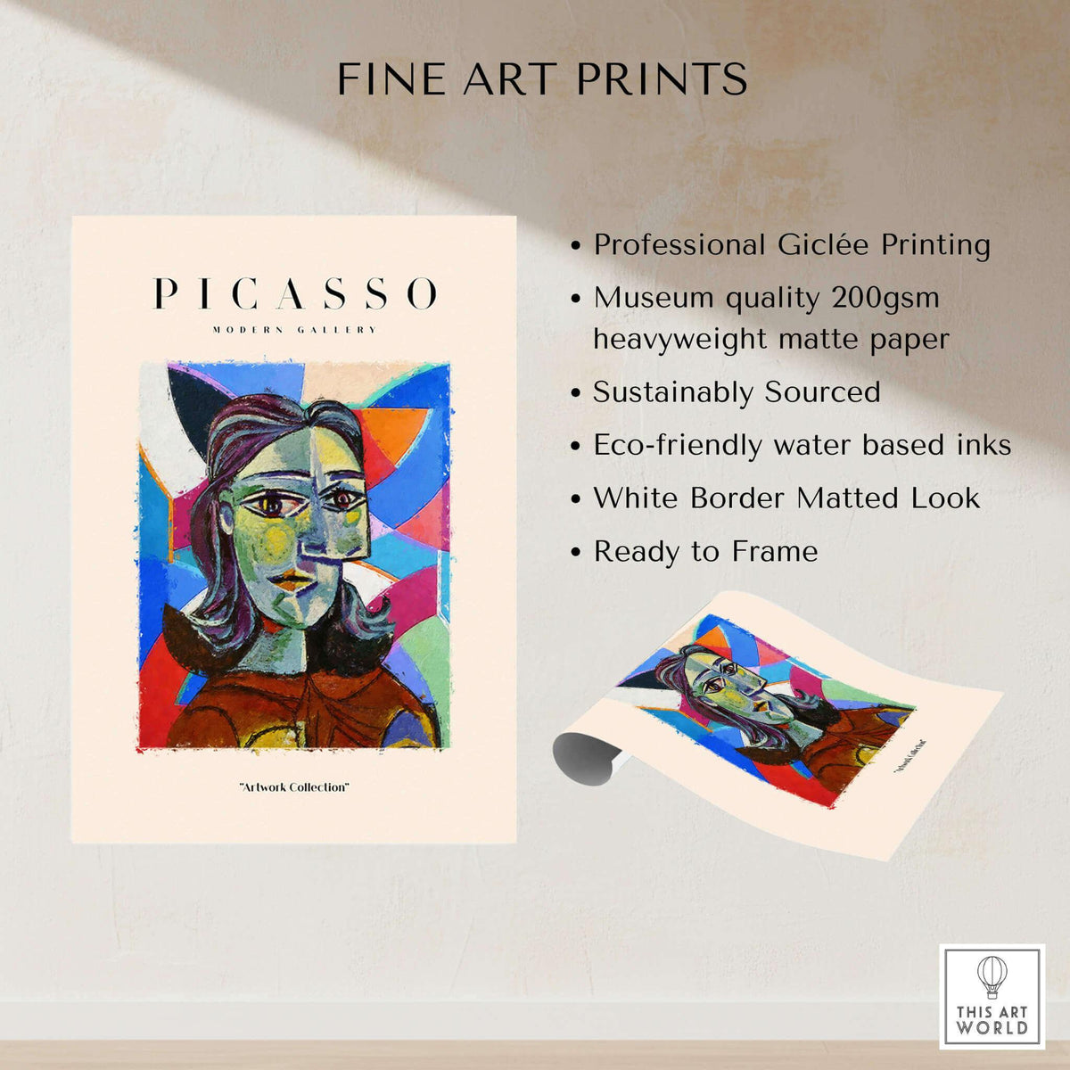 Picasso Woman Portrait Fragmented Abstract Poster Colorful Artwork Print Modern Gallery displayed with fine art print details.