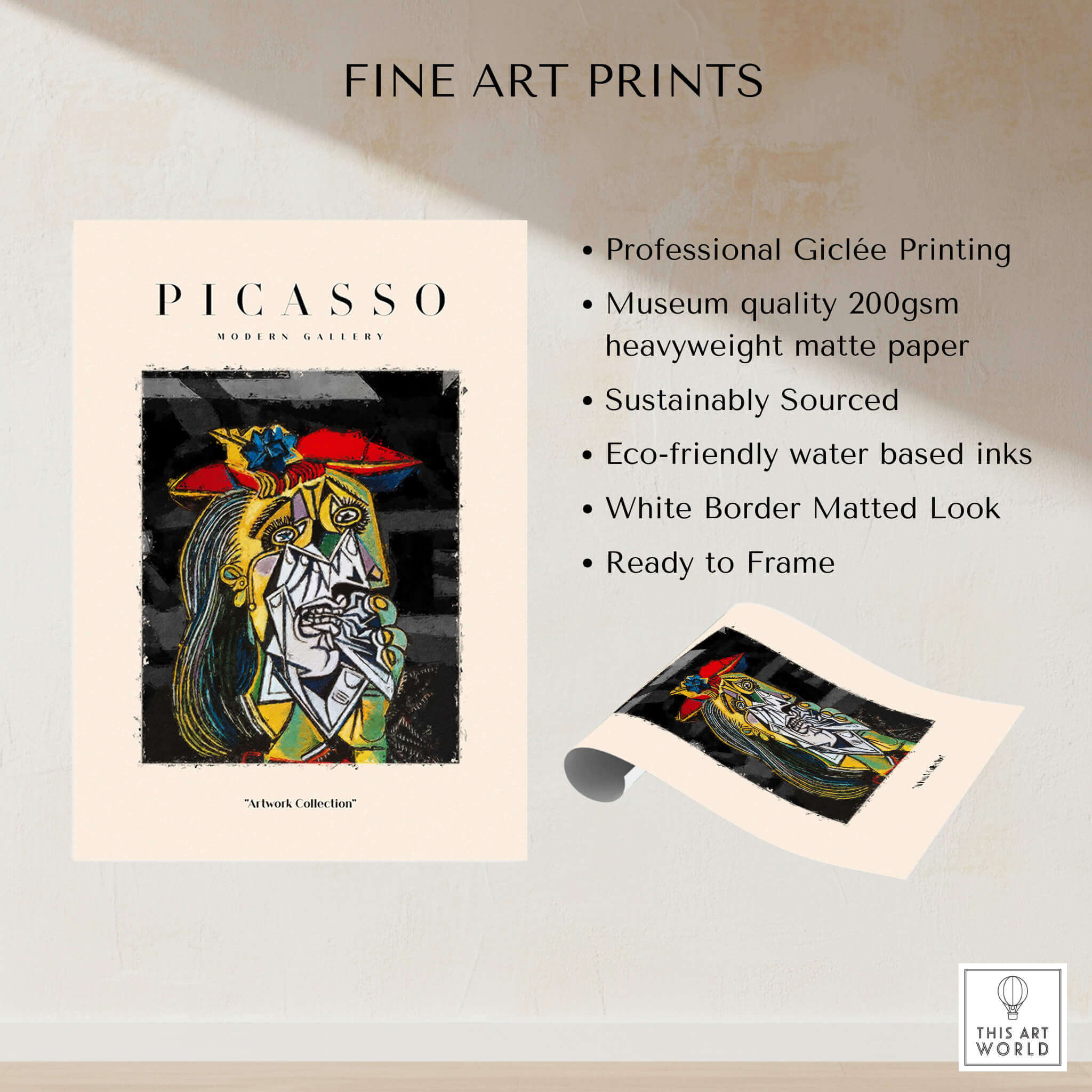 Picasso Weeping Woman Inspired Art Print Abstract Portrait Poster Artwork Collection displayed with printing details and features.