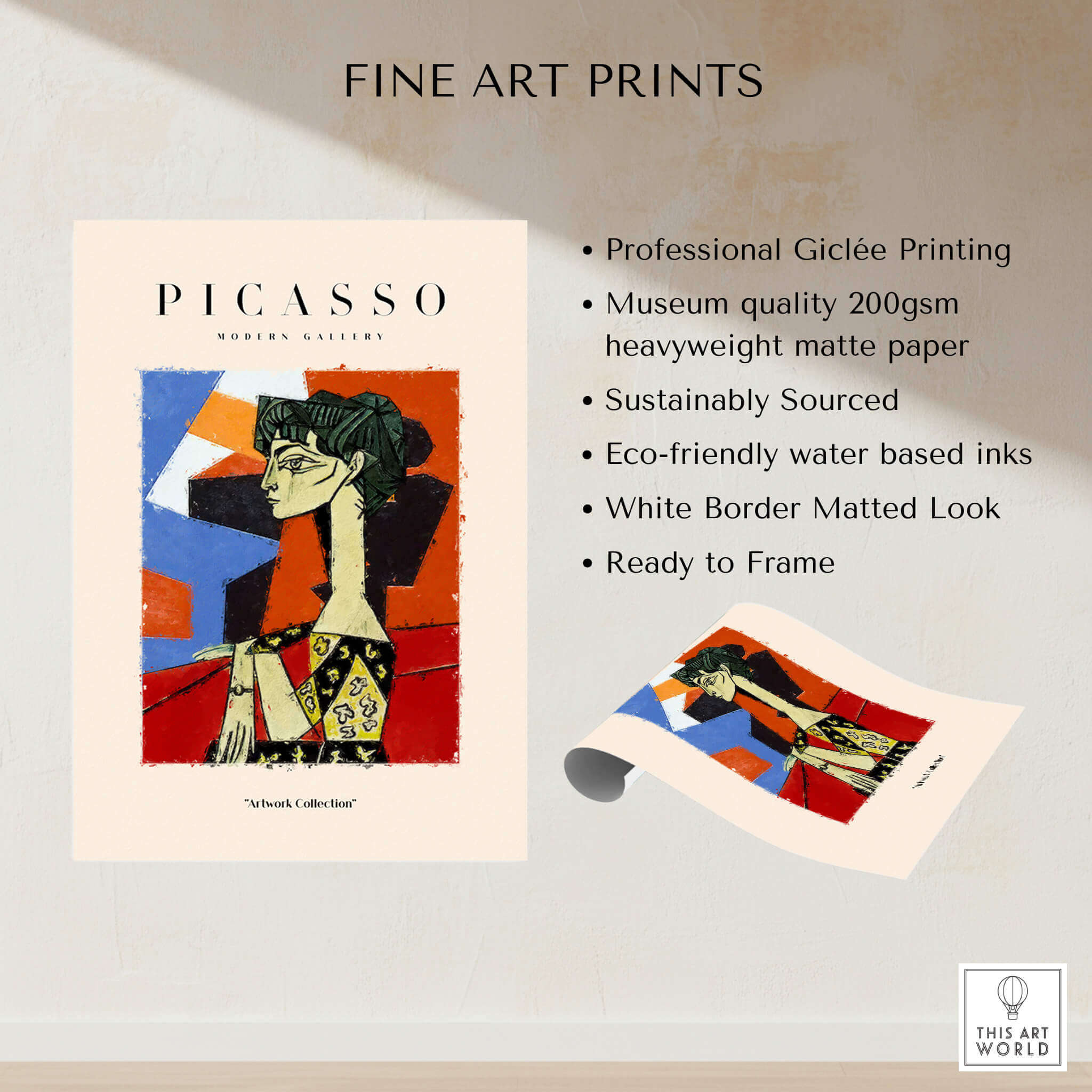 Picasso Seated Woman Profile Cubist Art Print Patterned Dress Poster Artwork Collection displayed in a modern gallery setting.