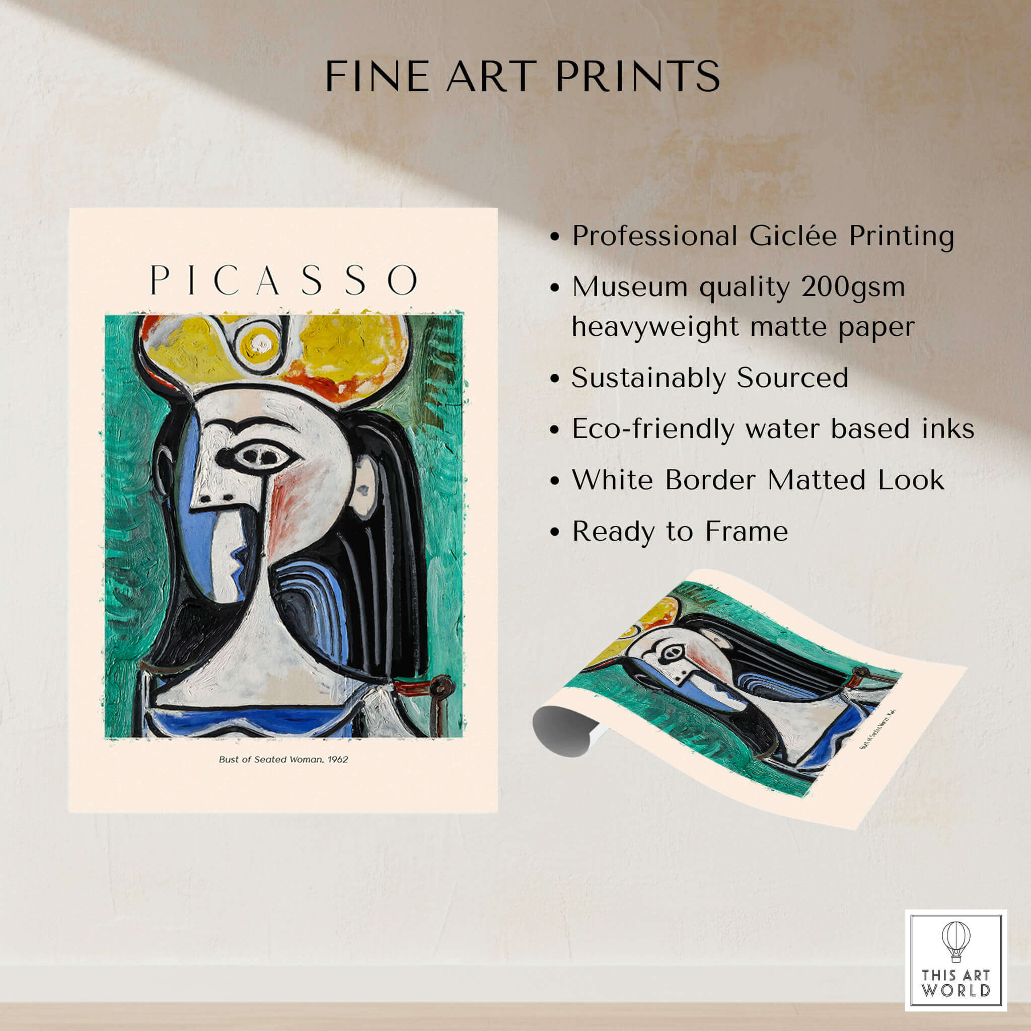 Picasso Bust Seated Woman 1962 Art Print Abstract Portrait Poster Colorful Wall Art featuring bold blue, yellow, and green colors.
