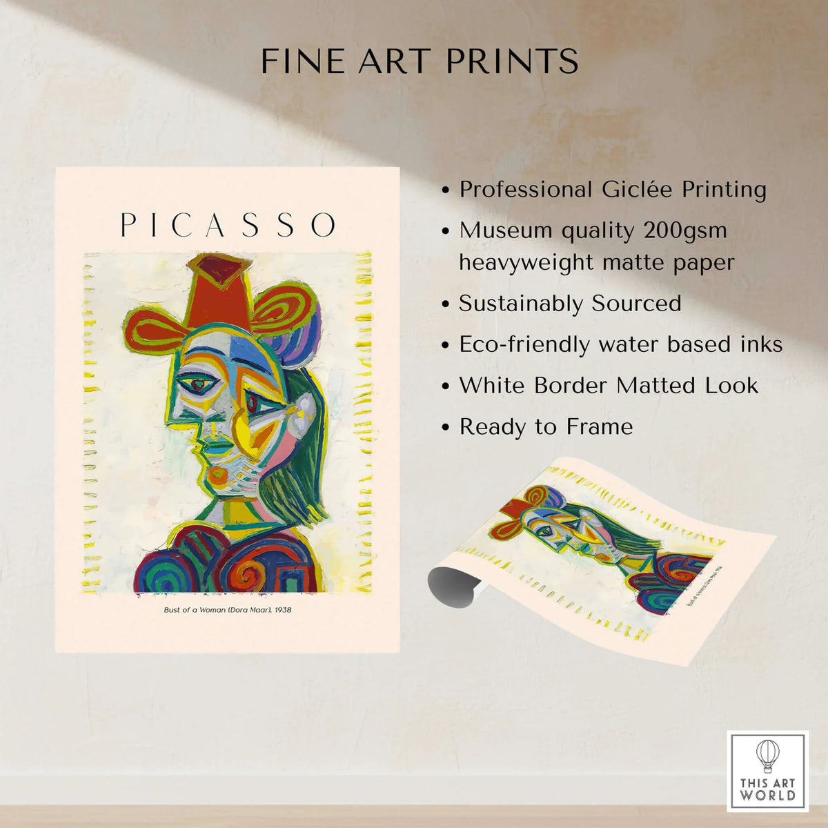 Picasso Bust Woman Dora Maar 1938 Portrait Art Print Colorful Cubist Poster Wall Art showcased in fine art prints.