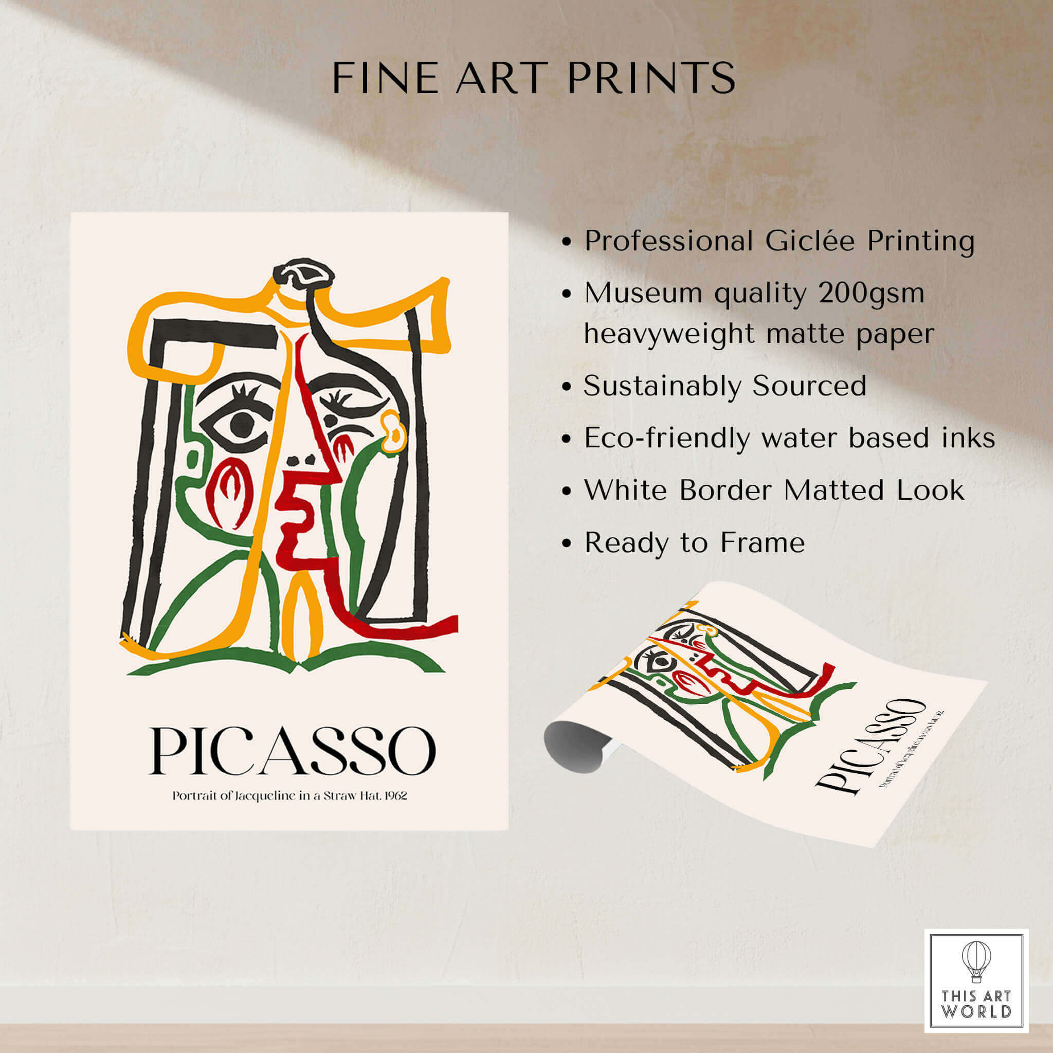 Picasso Portrait Jacqueline Straw Hat 1962 Abstract Line Art Print Colorful Poster showcasing professional Giclée printing.